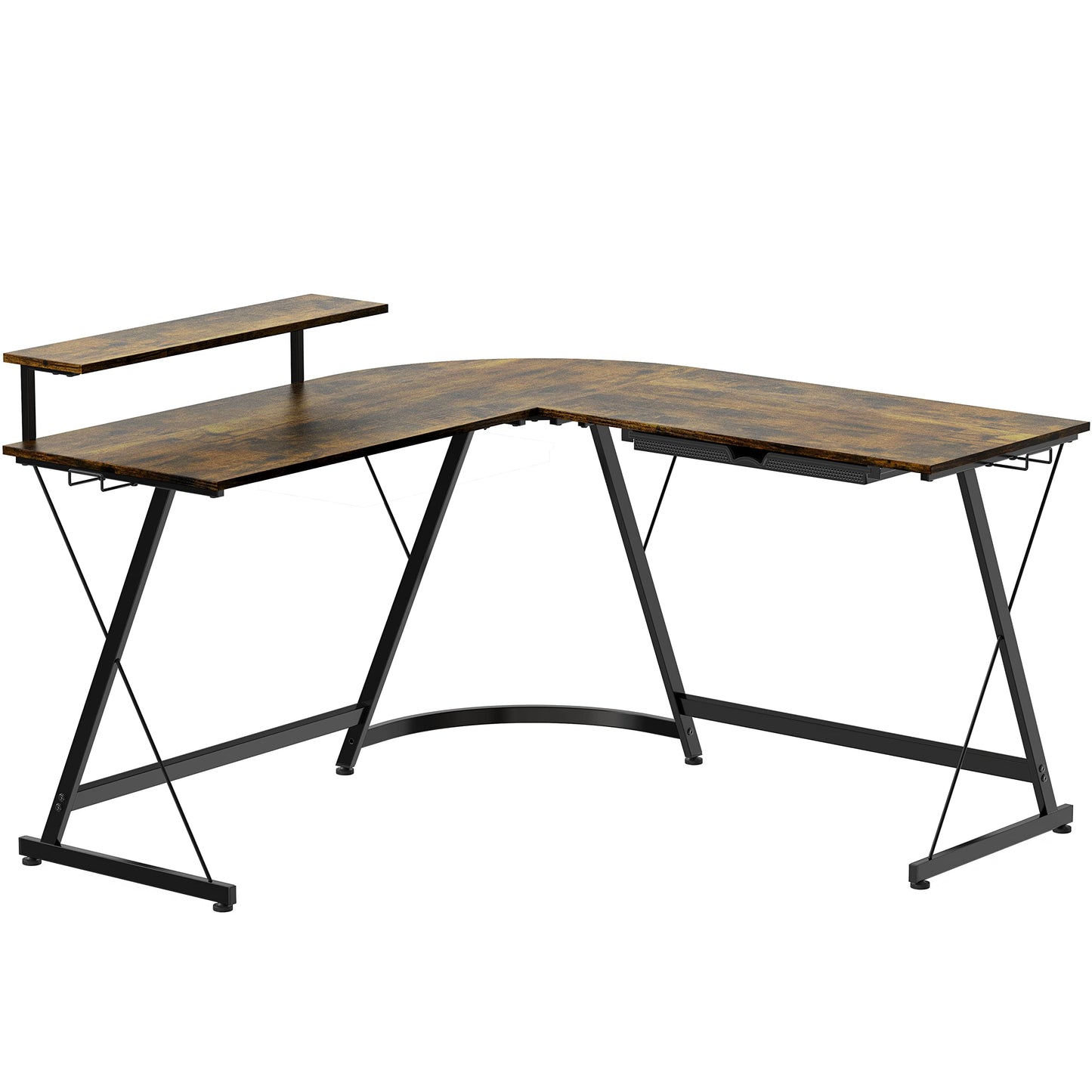 L Shaped Black Desk with Monitor Stand and Drawer