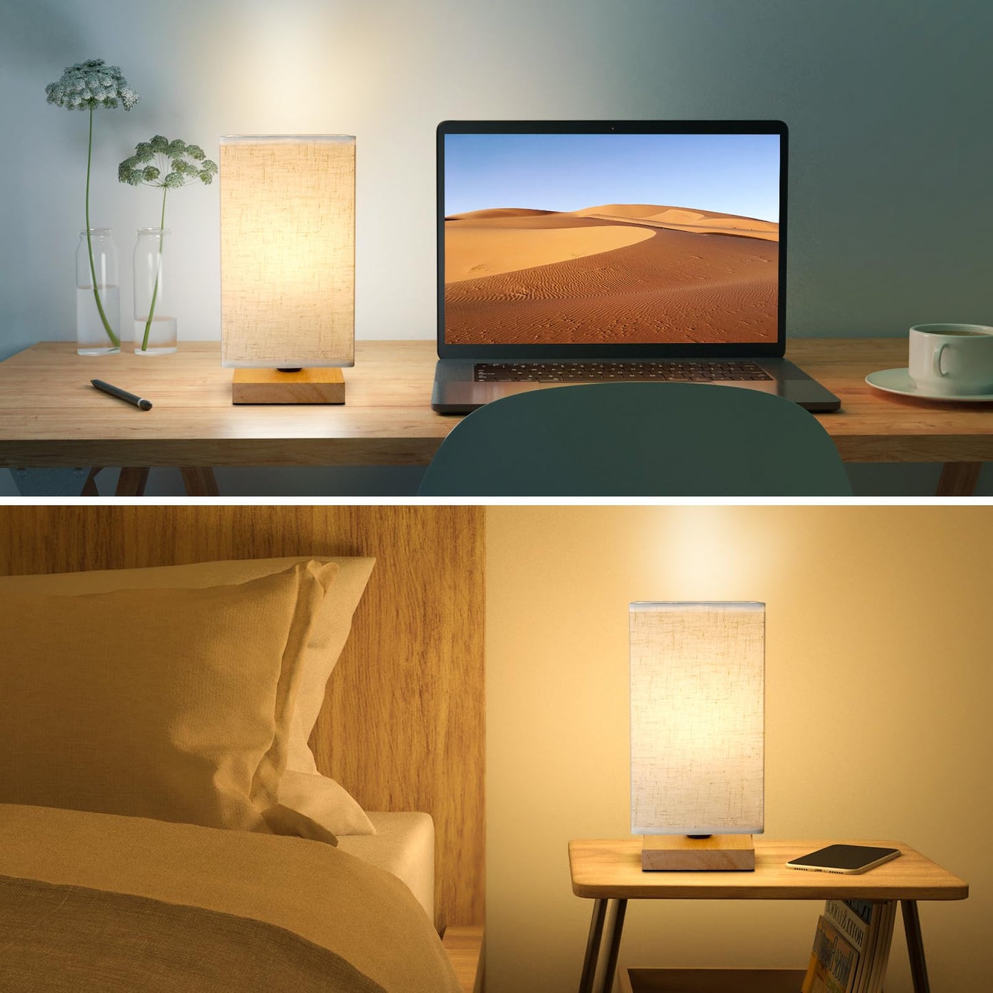 Small Bedside Lamp With Wood Base And Round Warm White Shade