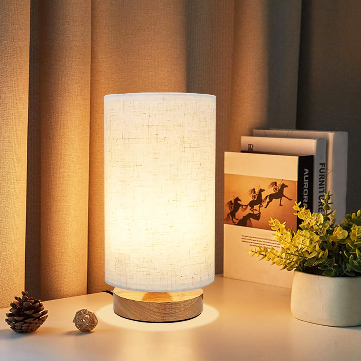 Small Bedside Lamp With Wood Base And Round Warm White Shade