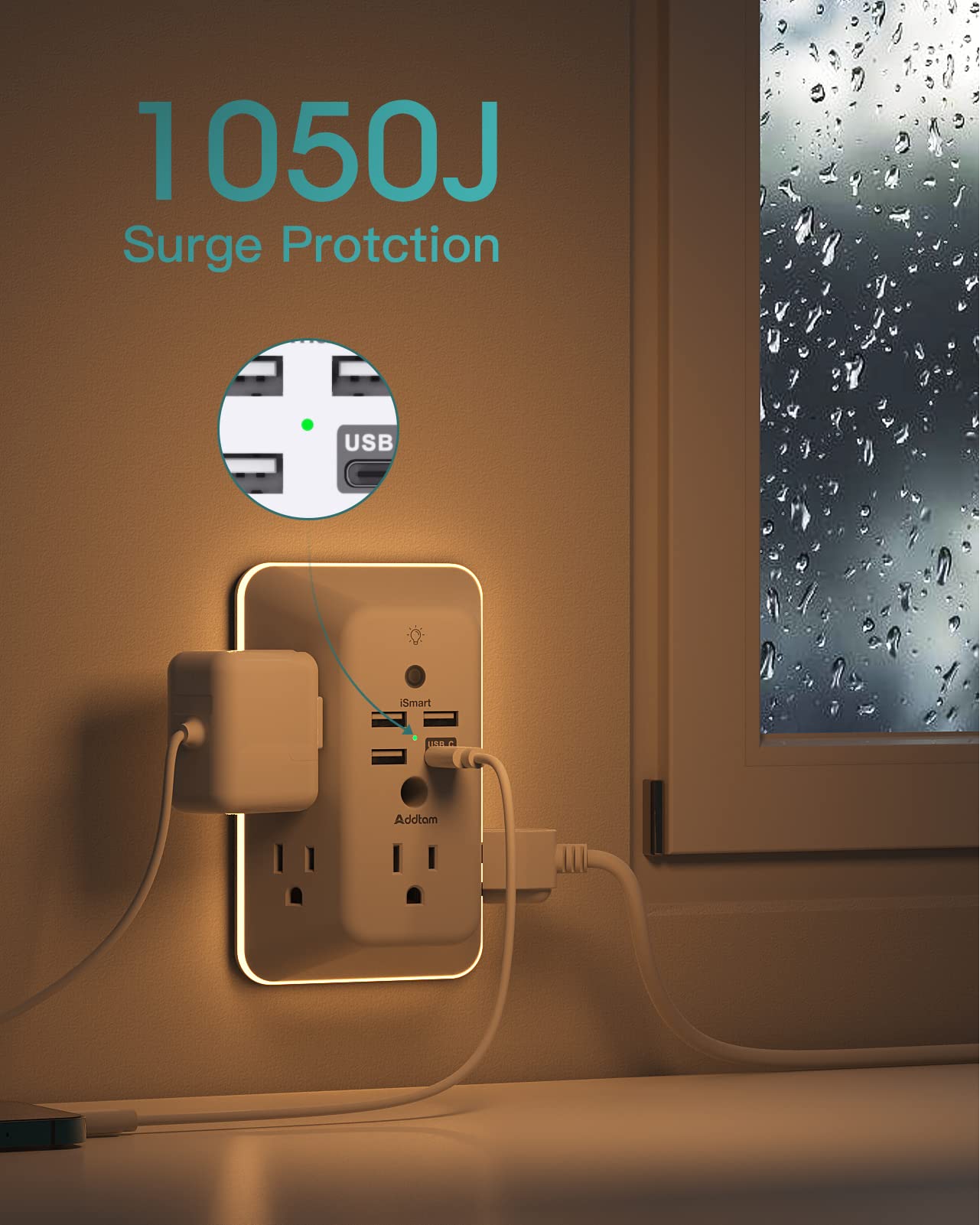Addtam 9 In 1 USB Wall Outlet With Night Light 5 Outlets