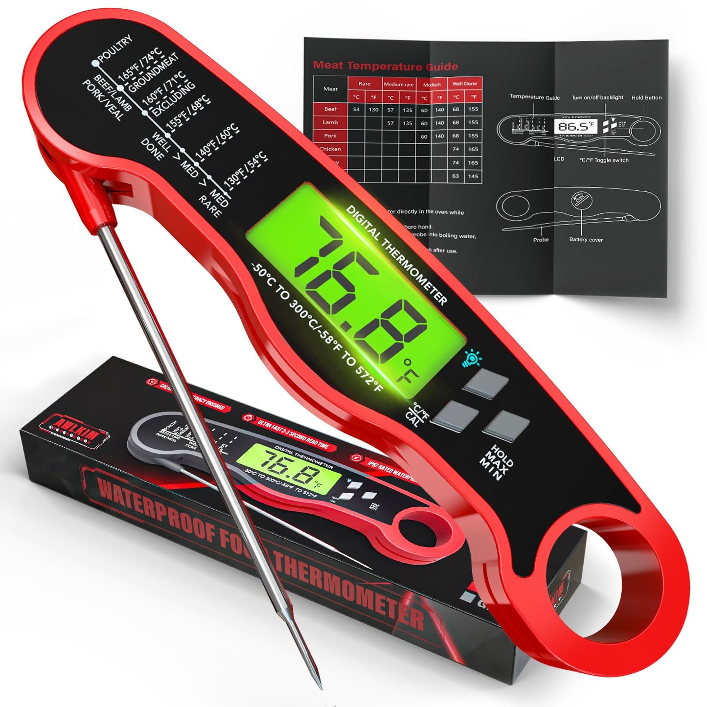 Digital Meat Thermometer Instant Read Waterproof Backlit Red