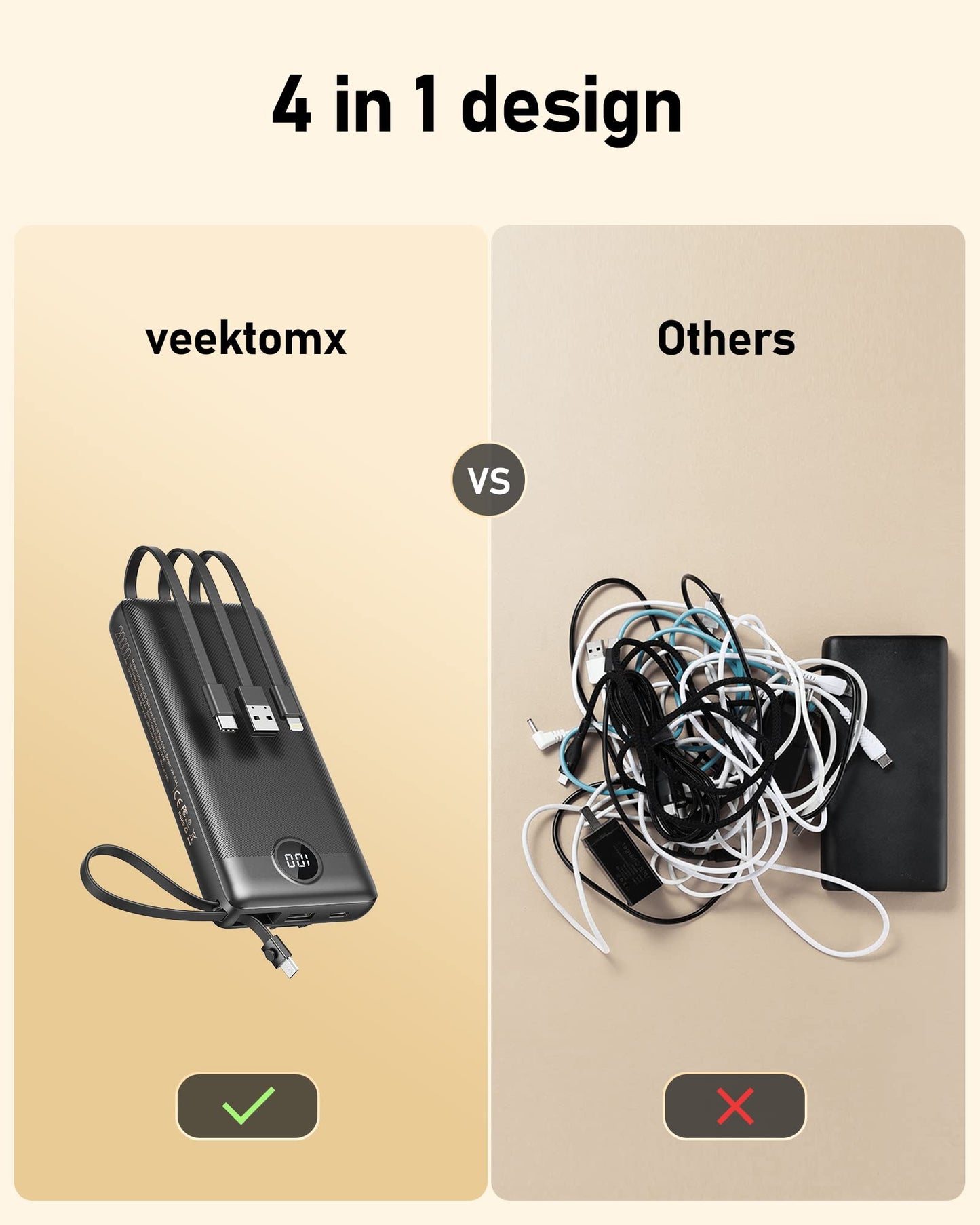 VEEKTOMX Portable Charger 10000mAh BuiltIn Cables Fast Charge
