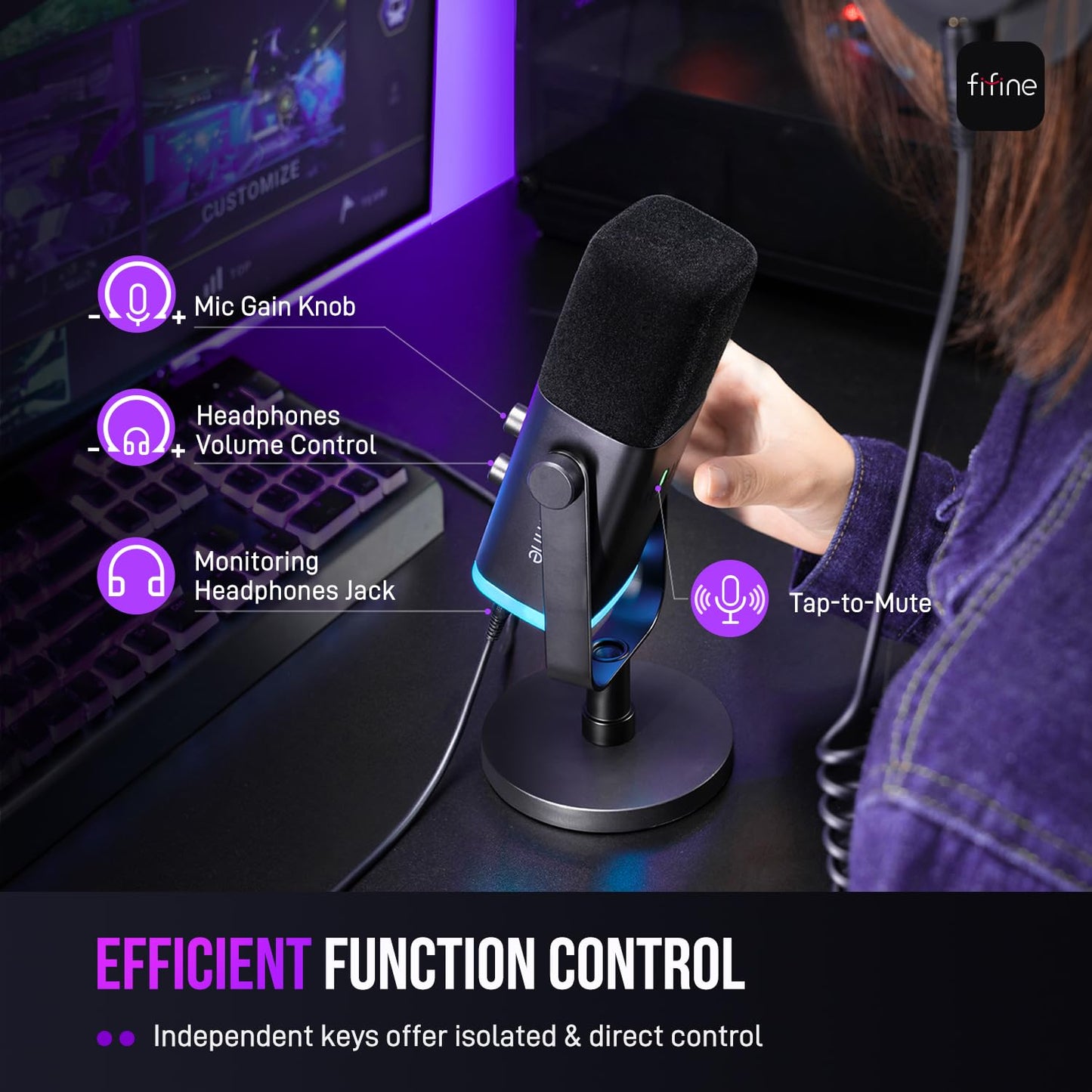 FIFINE USB XLR Dynamic Microphone AM8 Mute Button RGB Light