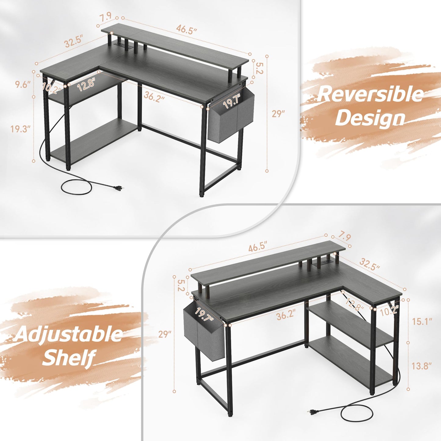 L Shaped Desk with Power Outlets and LED Lights