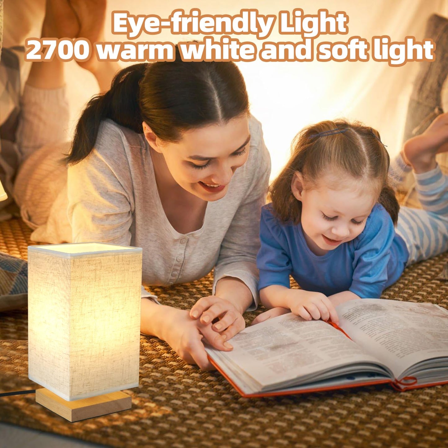 Small Bedside Lamp With Wood Base And Round Warm White Shade