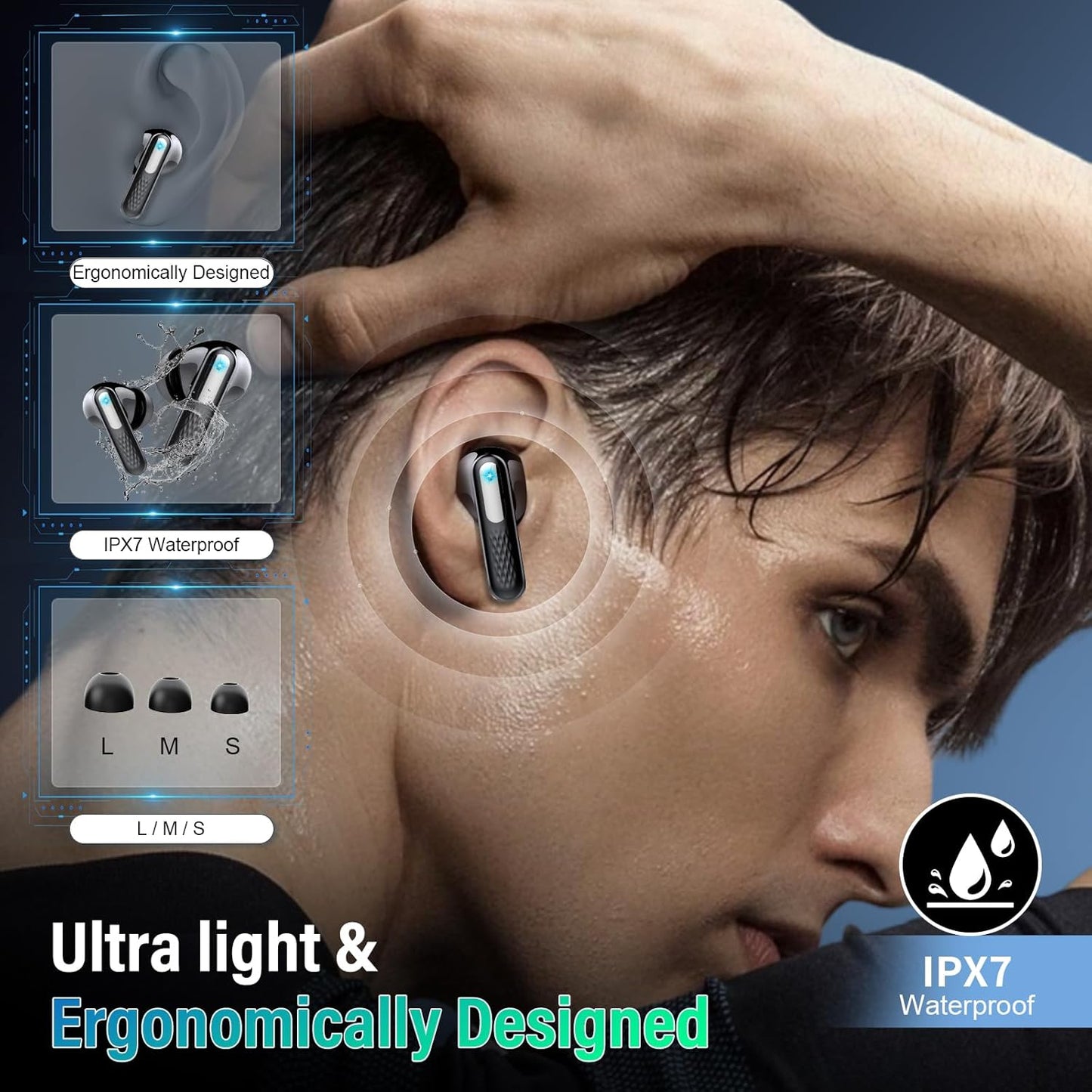 Wireless Earbuds Bluetooth 5.4 Deep Bass IPX7 Dark Black