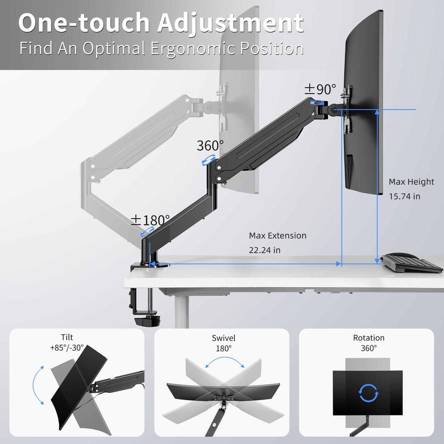 Suptek Gas Spring Monitor Arm Desk Mount Fits 17 to 32 Inch