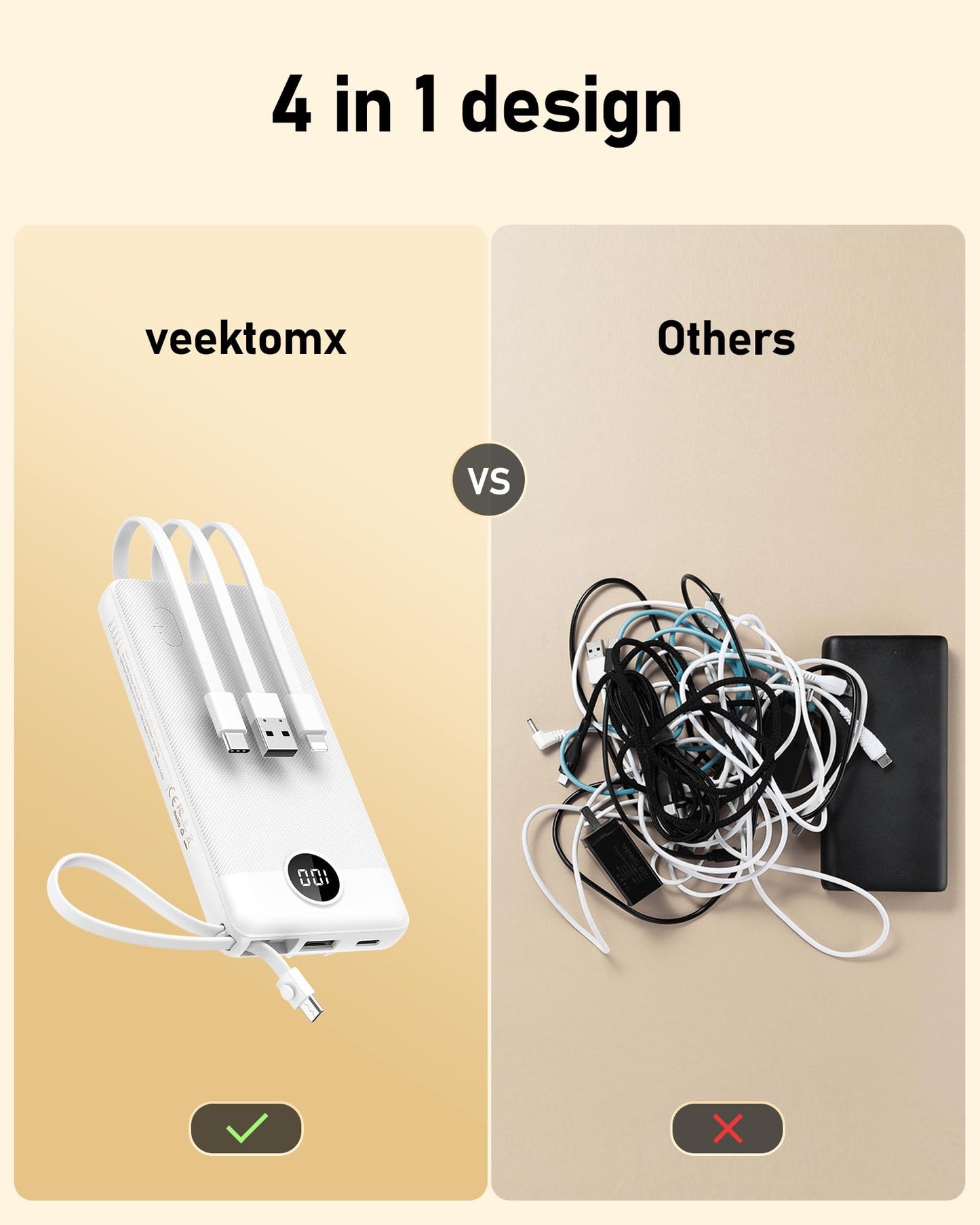 VEEKTOMX Portable Charger 10000mAh BuiltIn Cables Fast Charge
