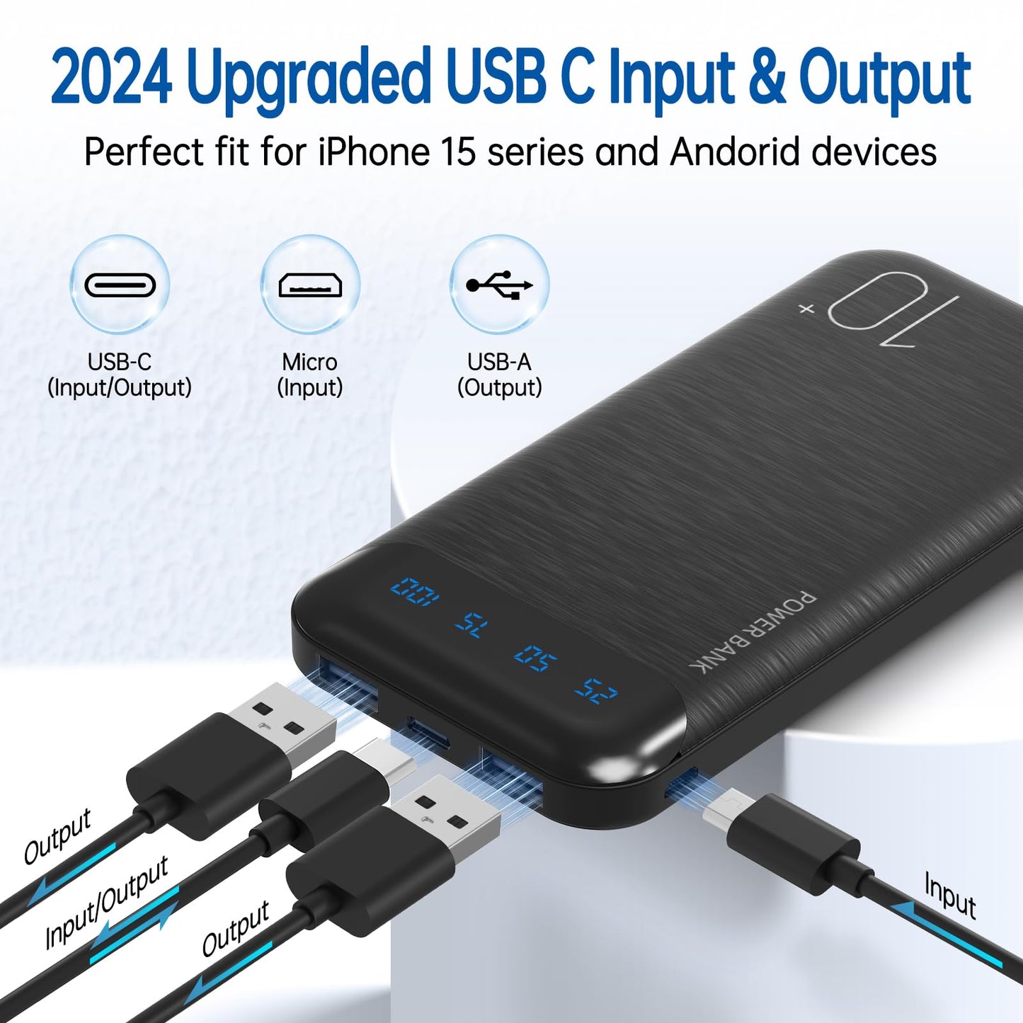 Power Bank 10000mAh Portable Charger Slim Battery Pack USB C