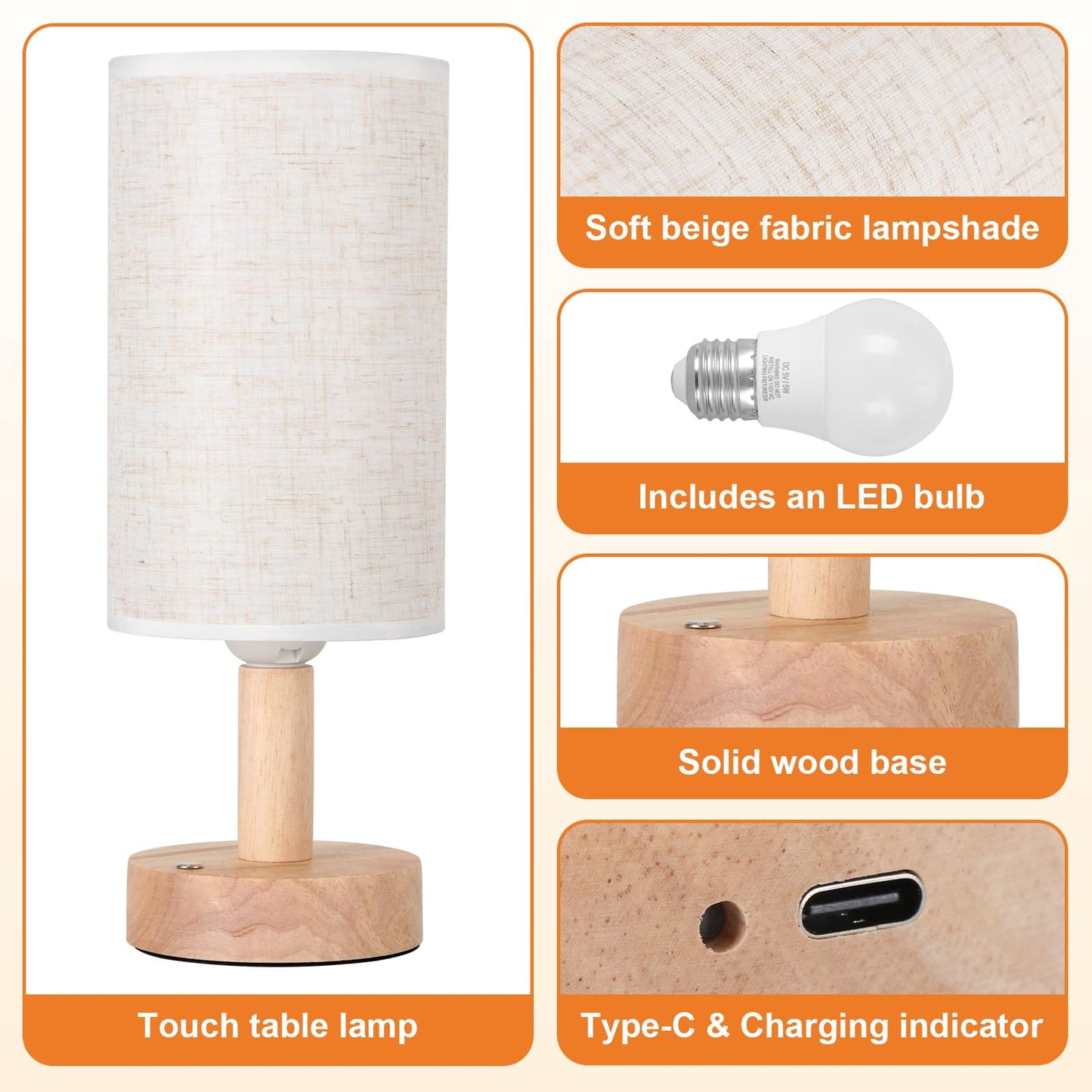 Small Bedside Lamp With Wood Base And Round Warm White Shade