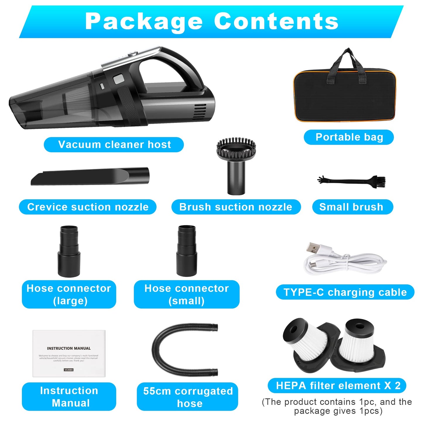 Handheld Cordless Vacuum 11000Pa Rechargeable for Car