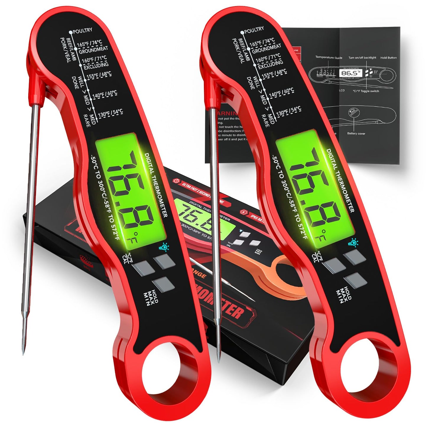 Digital Meat Thermometer Instant Read Waterproof Backlit Red