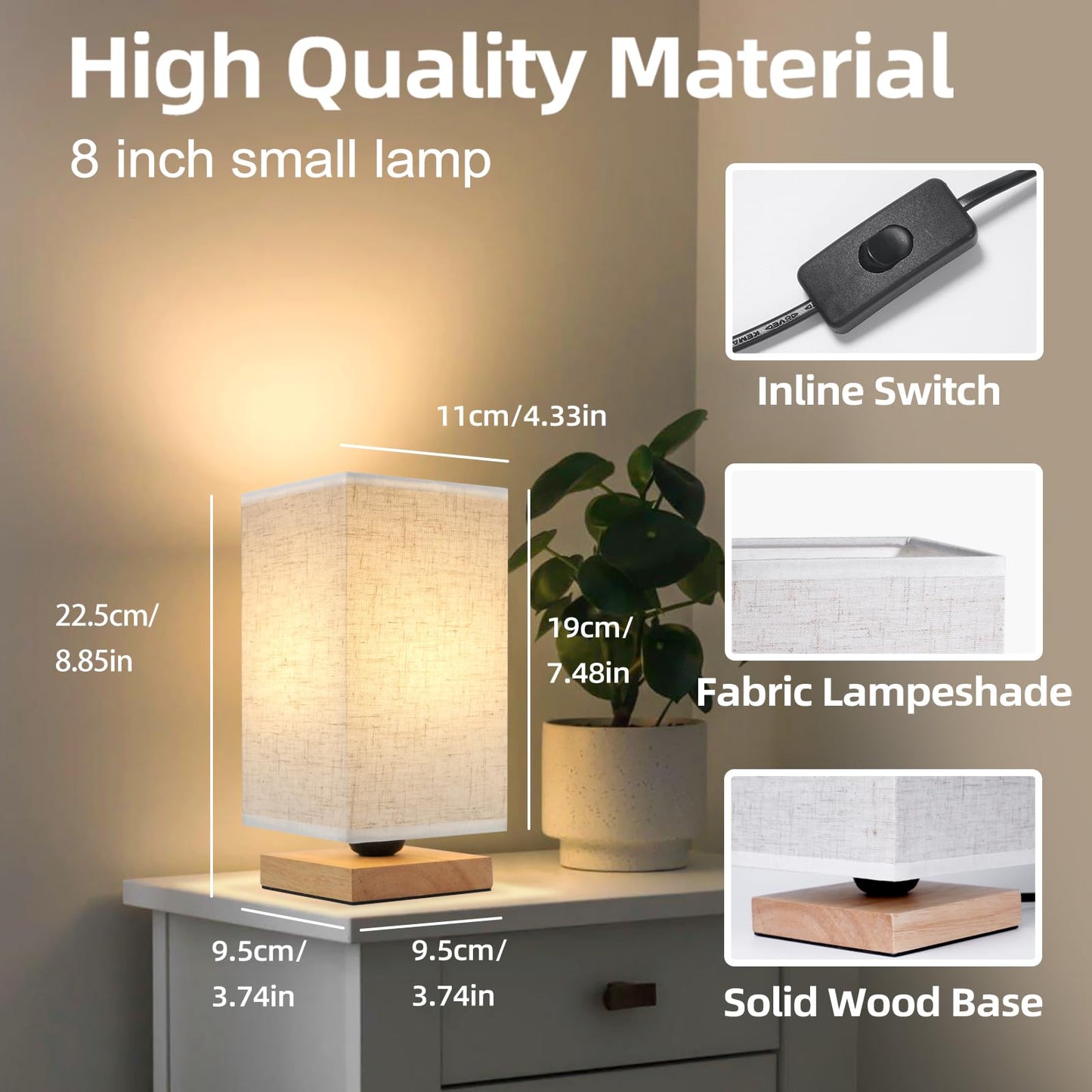 Small Bedside Lamp With Wood Base And Round Warm White Shade