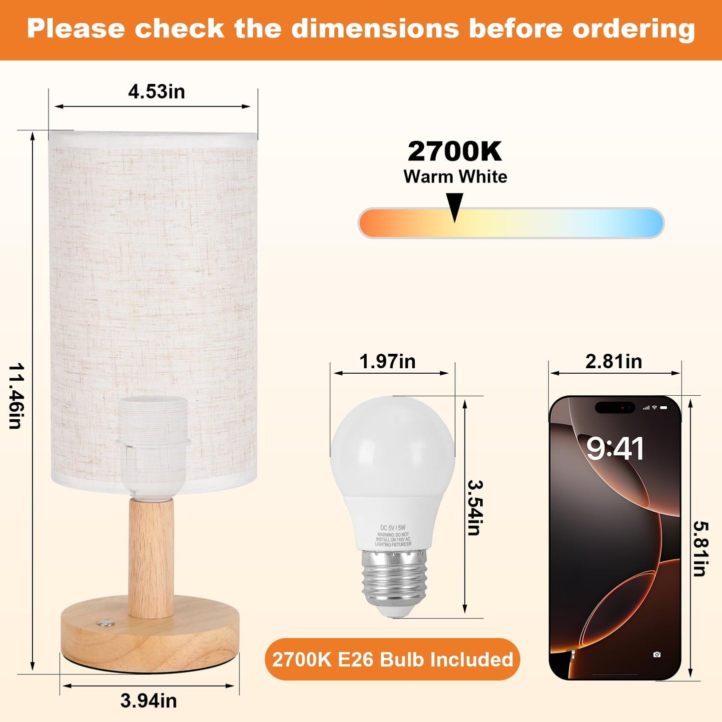 Small Bedside Lamp With Wood Base And Round Warm White Shade