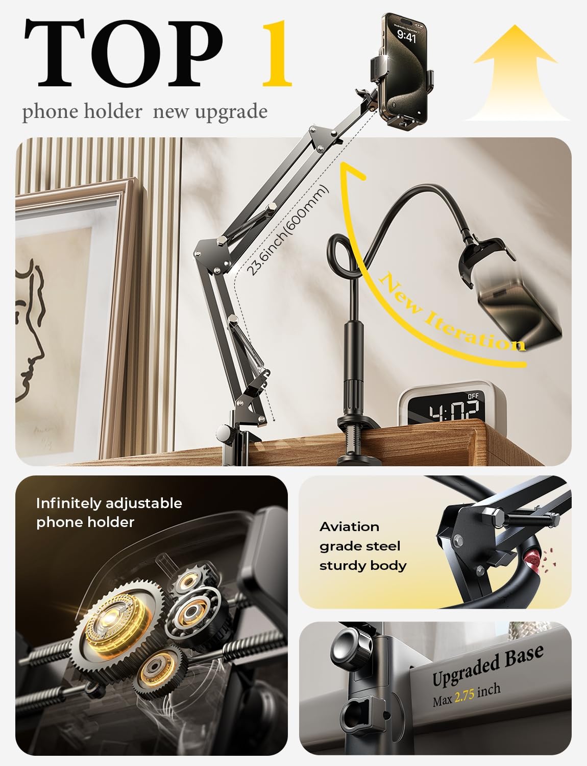 LISEN Gooseneck Phone Holder for Desk Bed 3rd Upgrade