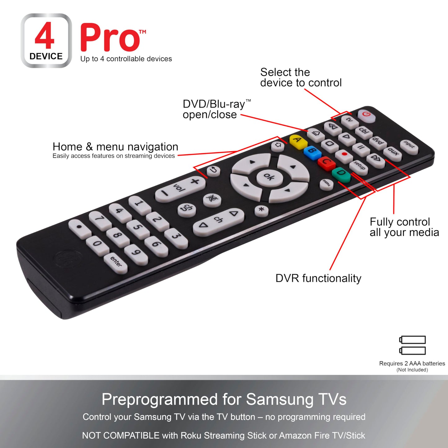 GE Universal Remote Control for 4 Devices Easy Setup