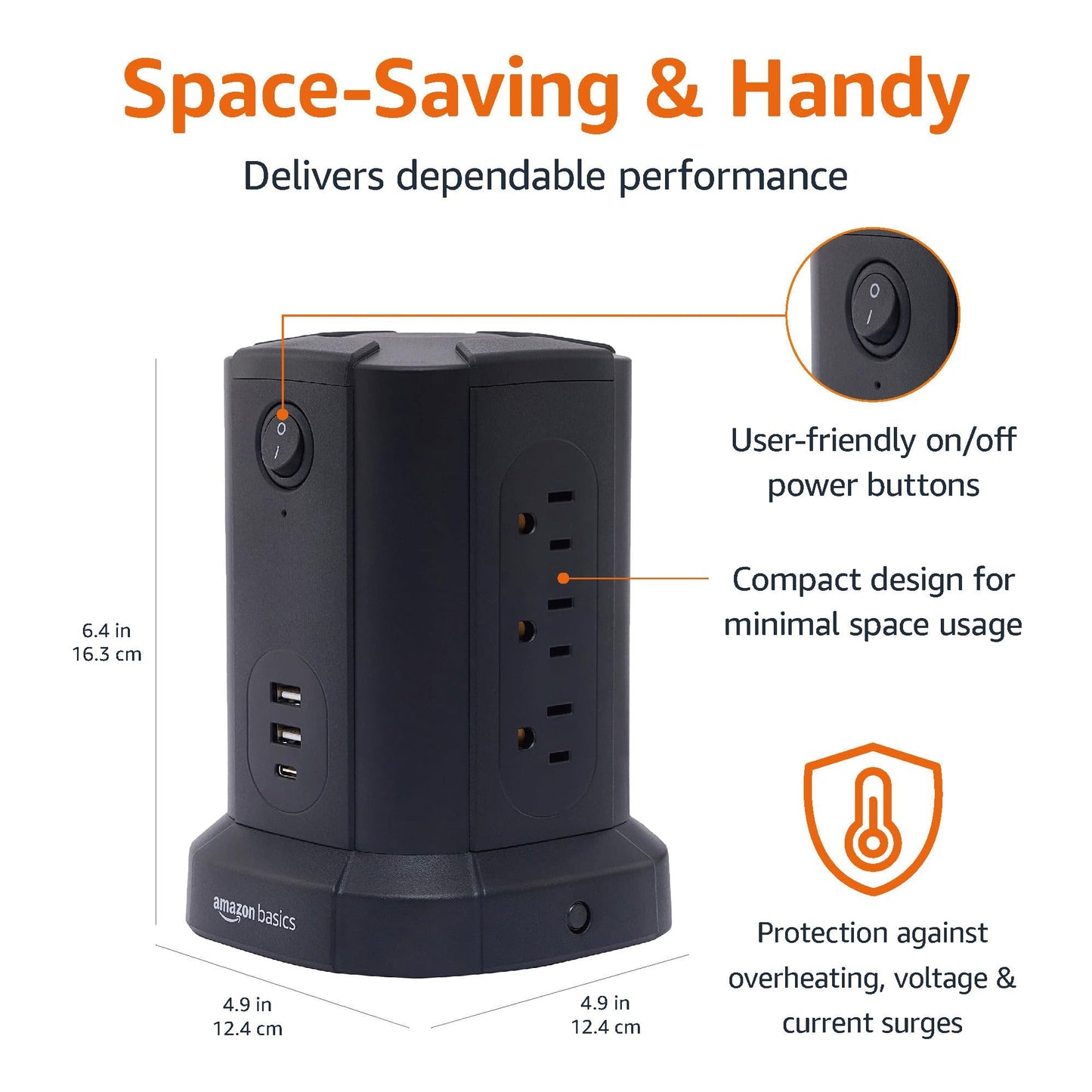 Amazon Basics Power Strip Tower Surge Protector USB Ports
