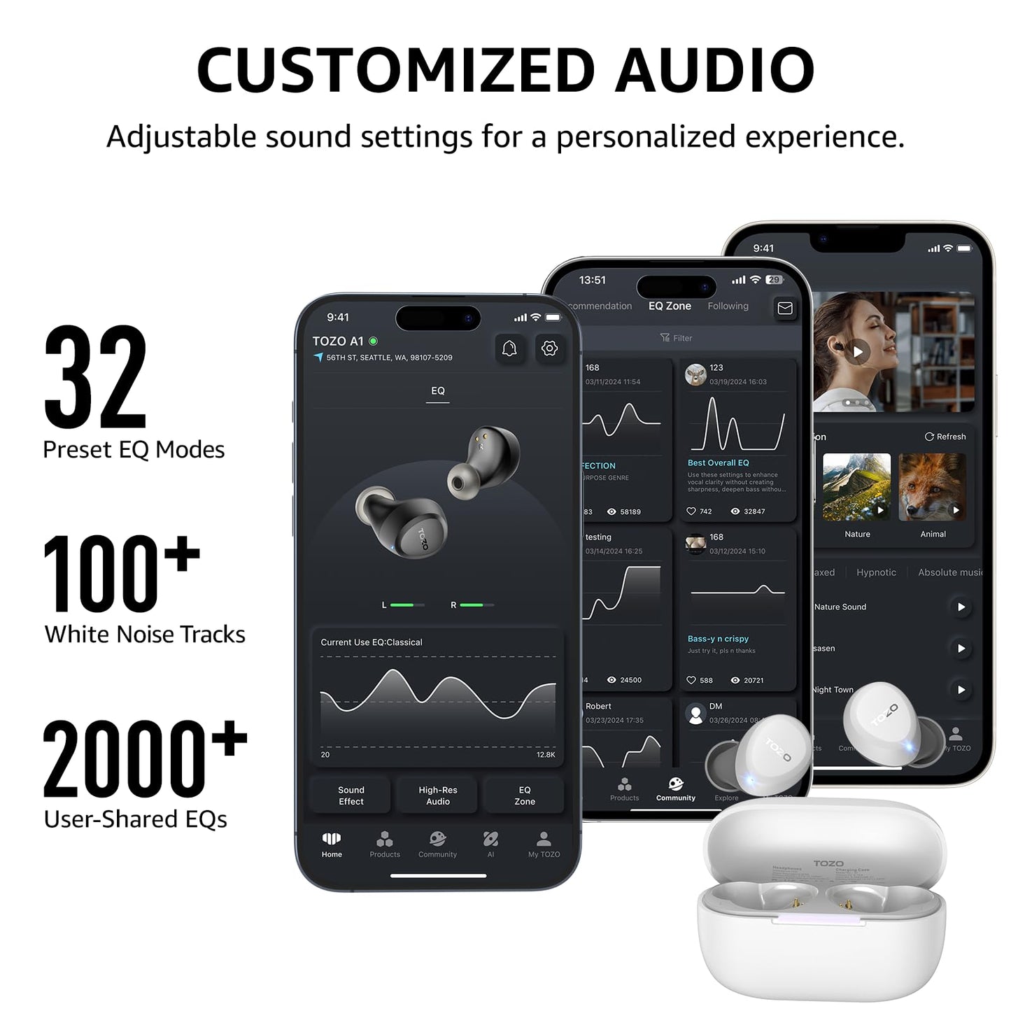 TOZO A1 Wireless Earbuds Bluetooth 5.3 Light Weight in Ear IPX5 Waterproof Headphones 2 Mic for AI Calls, Immersive Premium Sound Bass Headset with Charging Case, 32 Presets EQ Customization via App