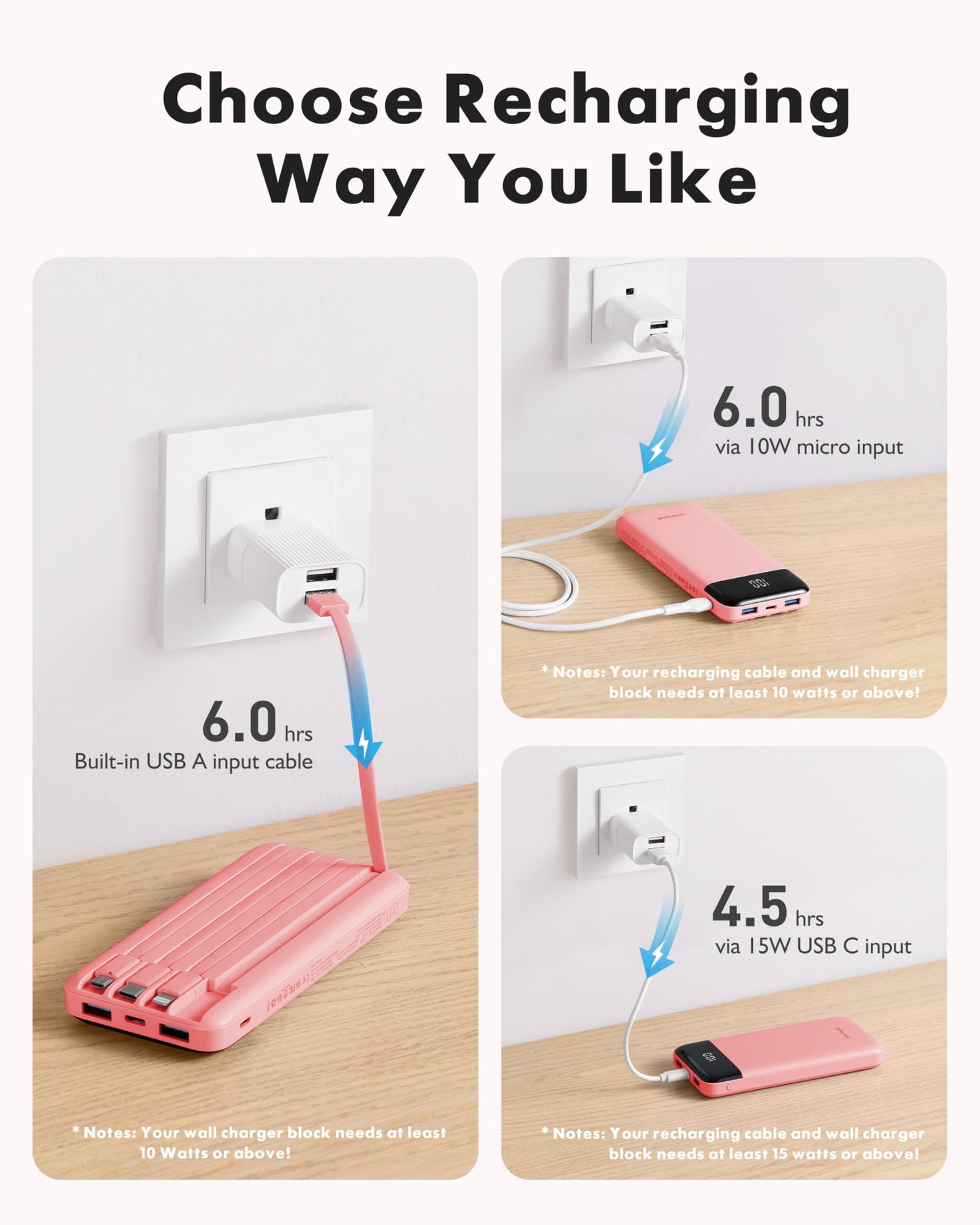 Charmast Slim 10000mAh Power Bank With Built In Cables