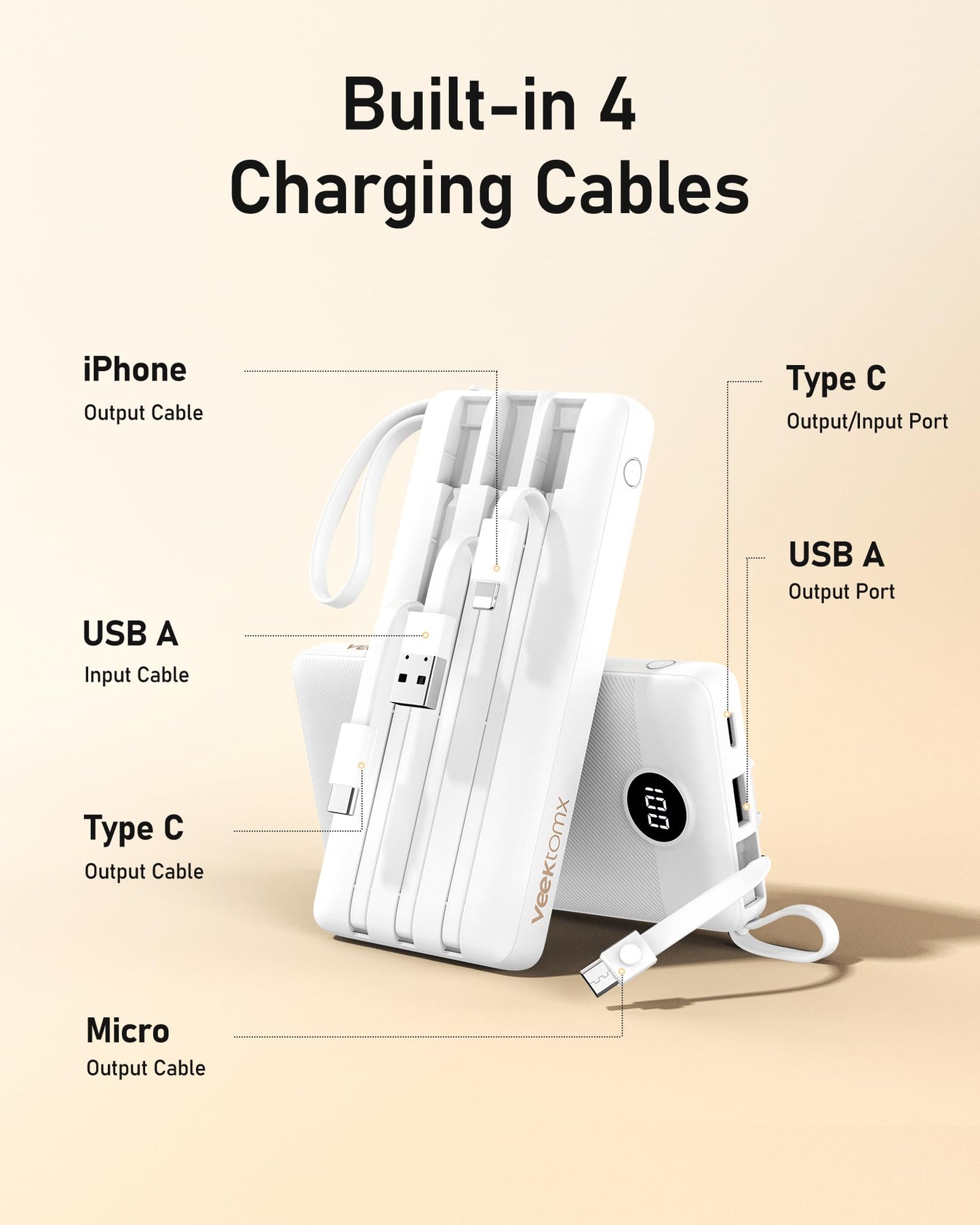 VEEKTOMX Portable Charger 10000mAh BuiltIn Cables Fast Charge