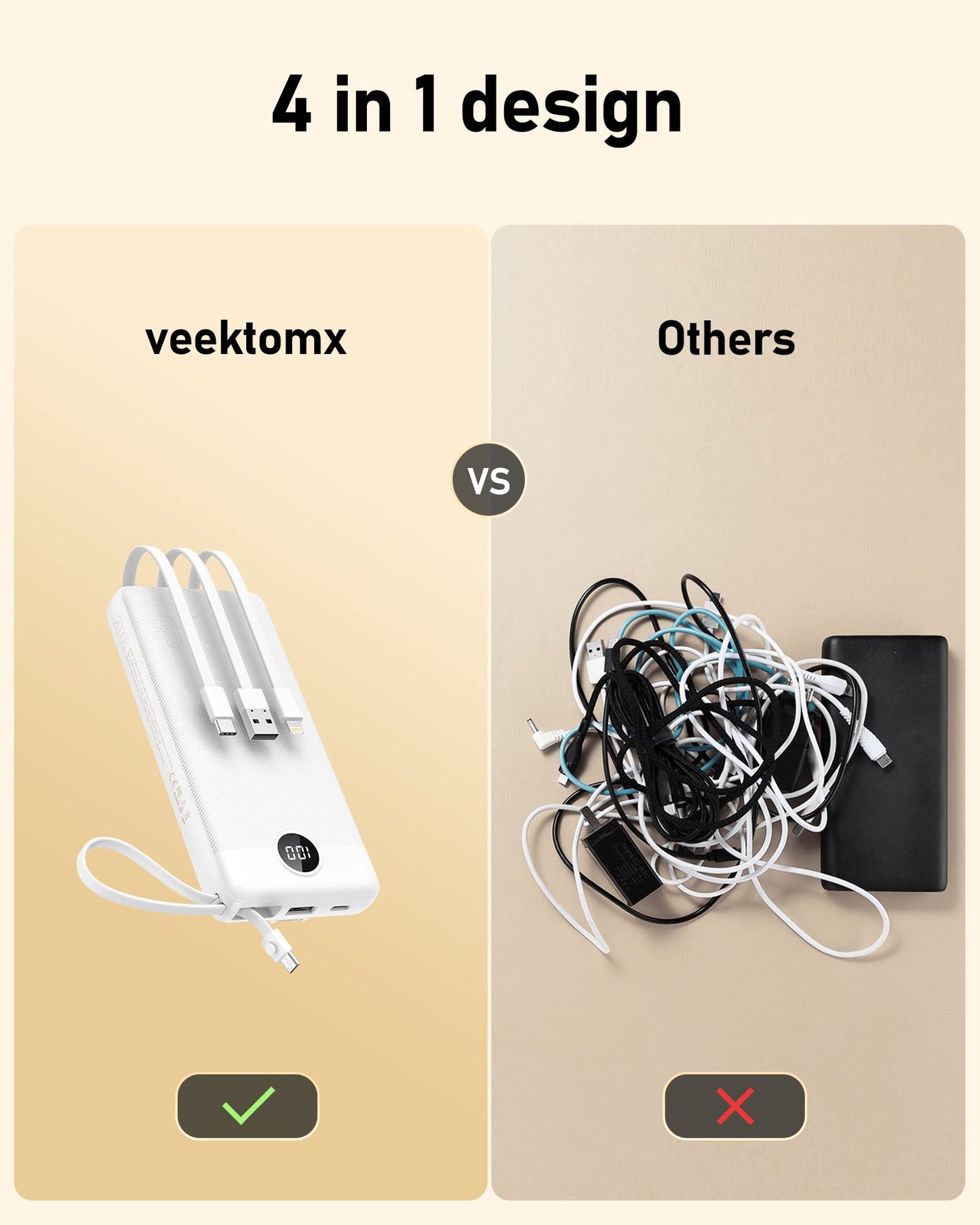 VEEKTOMX Portable Charger 10000mAh BuiltIn Cables Fast Charge