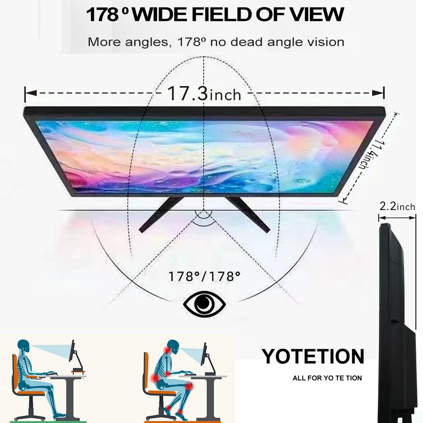 Yotetion 19 Inch Monitor 1440x900 75Hz HDMI VGA VESA 75mm