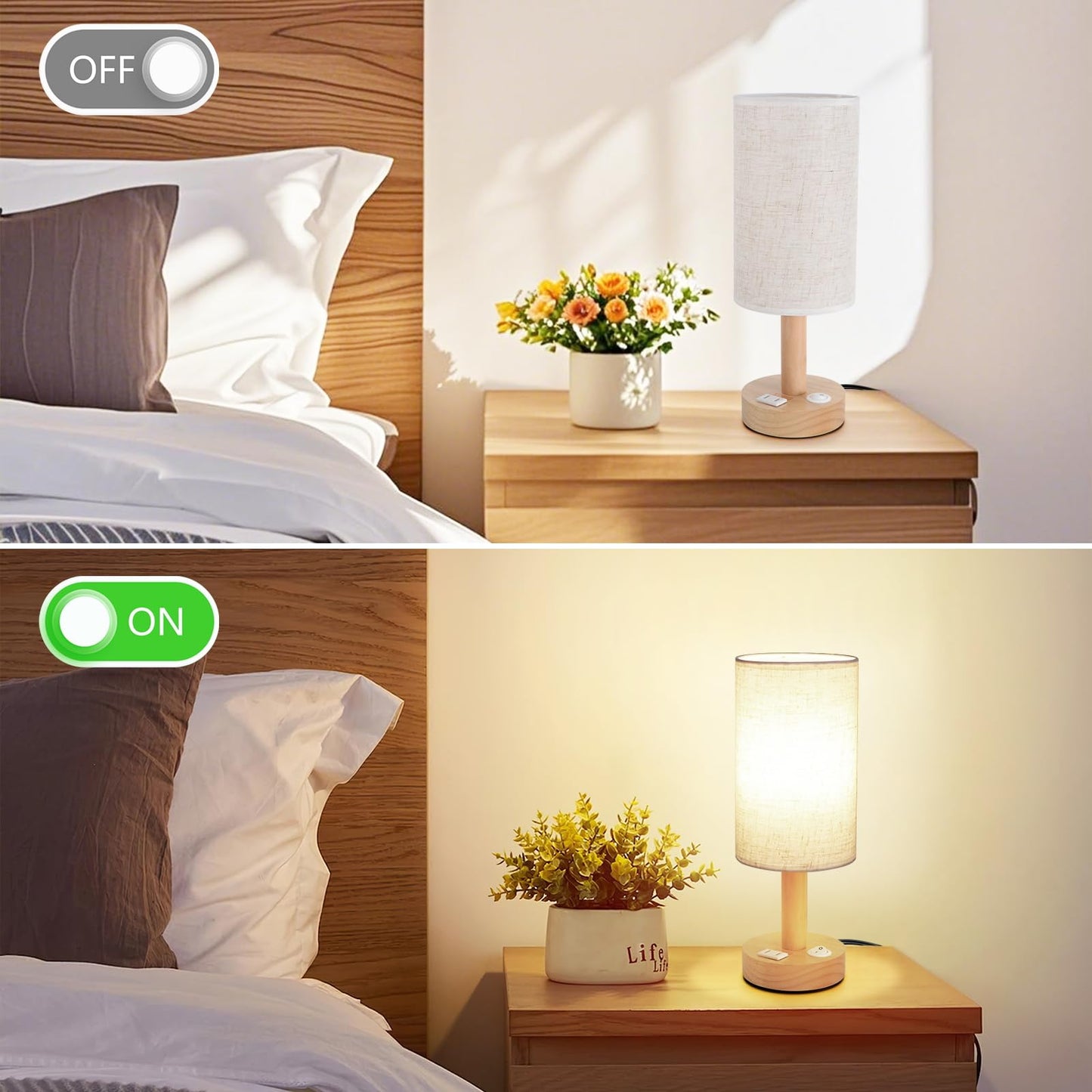 Small Bedside Lamp With Wood Base And Round Warm White Shade