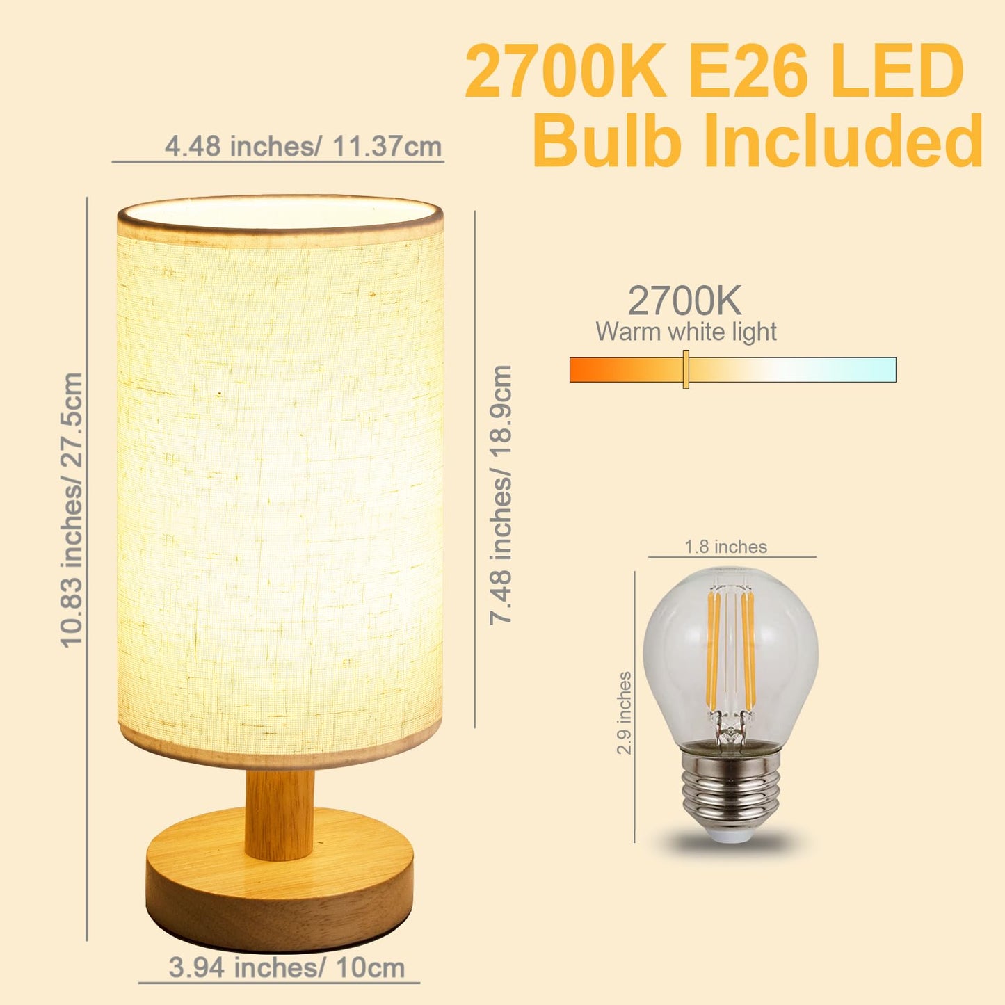 Small Bedside Lamp With Wood Base And Round Warm White Shade