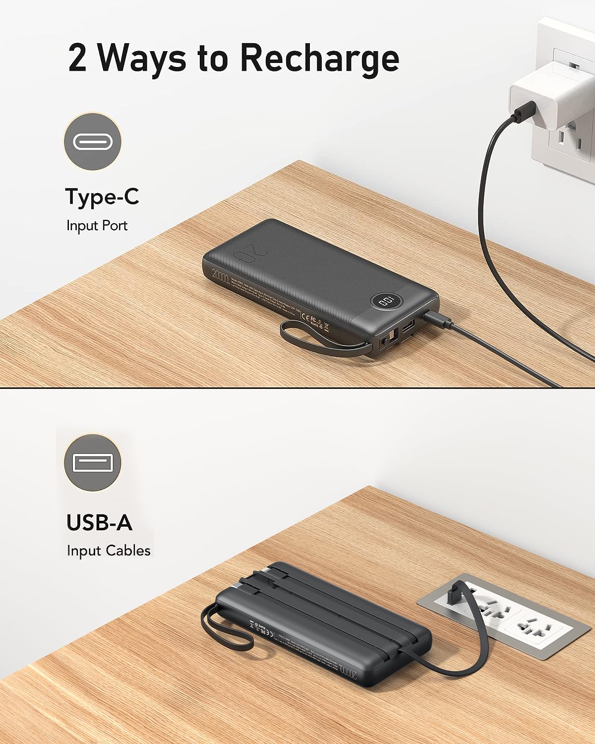 VEEKTOMX Portable Charger 10000mAh BuiltIn Cables Fast Charge