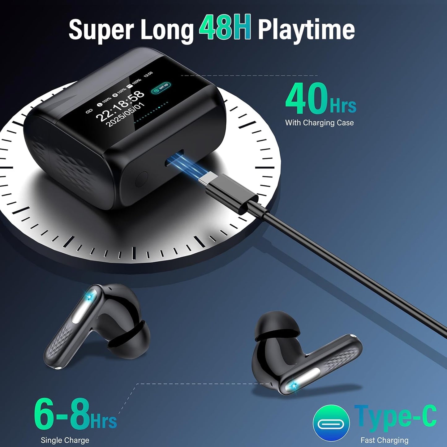 Wireless Earbuds Bluetooth 5.4 Deep Bass IPX7 Dark Black
