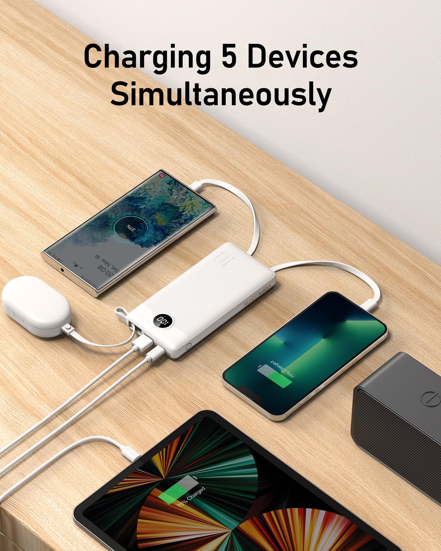 VEEKTOMX Portable Charger 10000mAh BuiltIn Cables Fast Charge