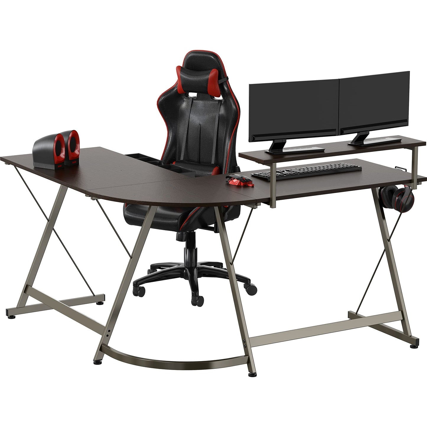 L Shaped Black Desk with Monitor Stand and Drawer