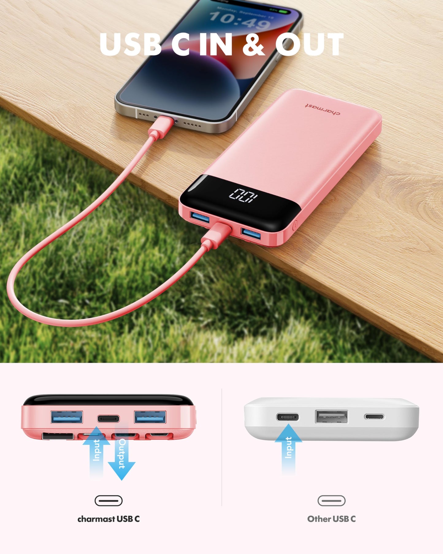 Charmast Slim 10000mAh Power Bank With Built In Cables
