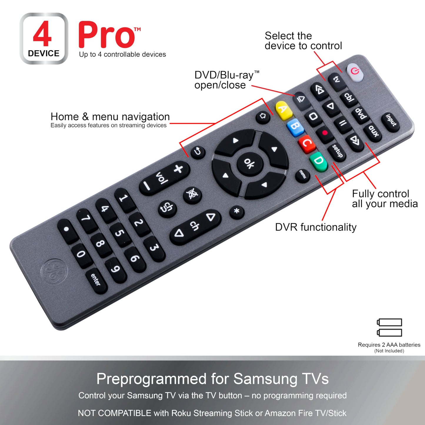 GE Universal Remote Control for 4 Devices Easy Setup