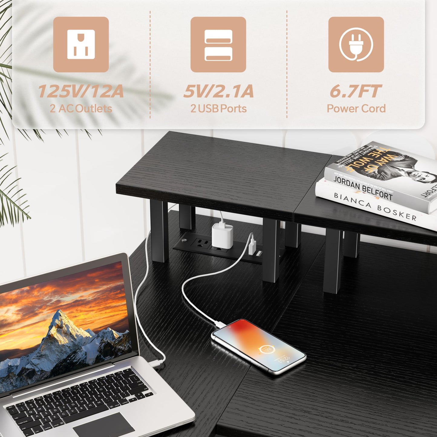 L Shaped Desk with Power Outlets and LED Lights