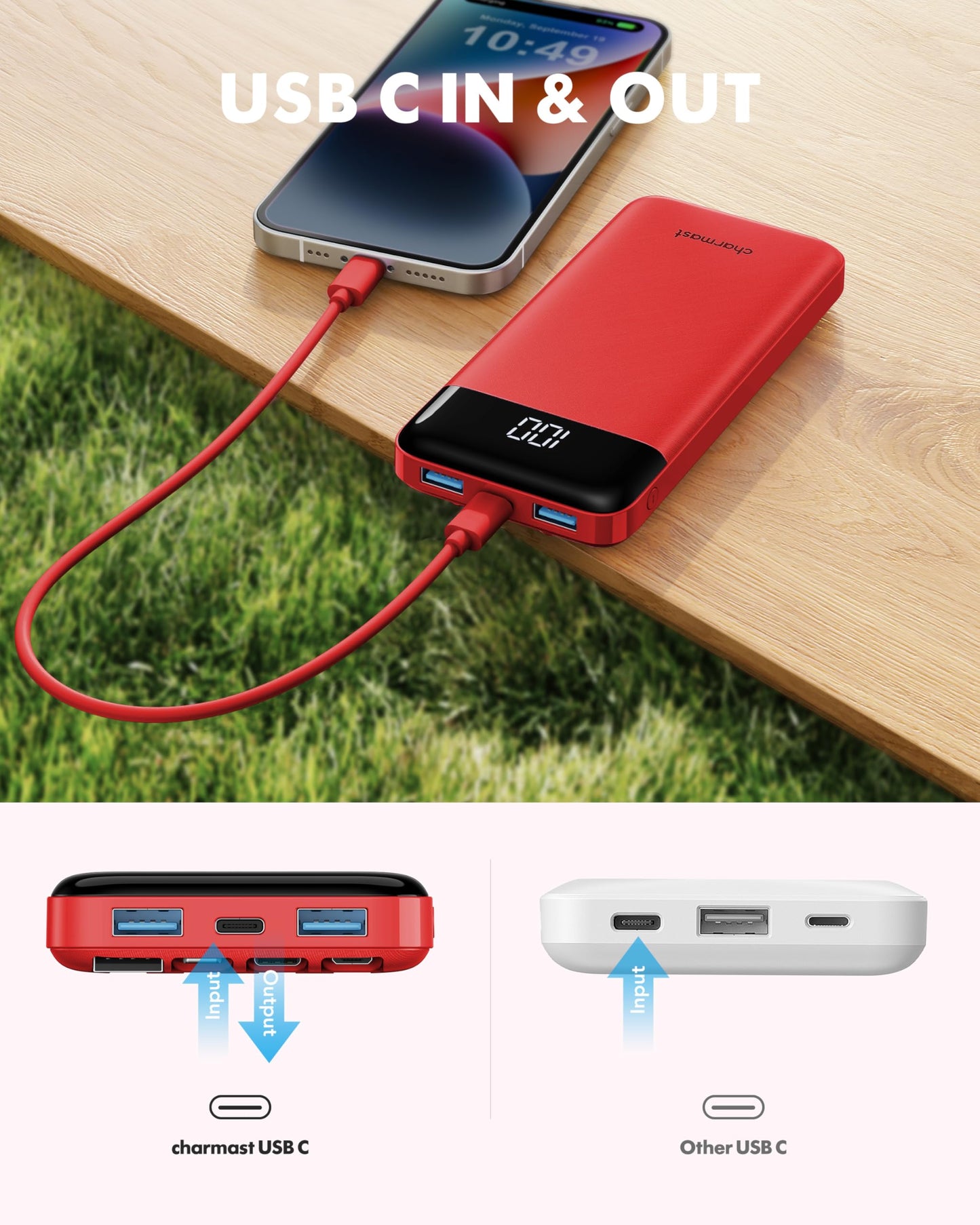 Charmast Slim 10000mAh Power Bank With Built In Cables