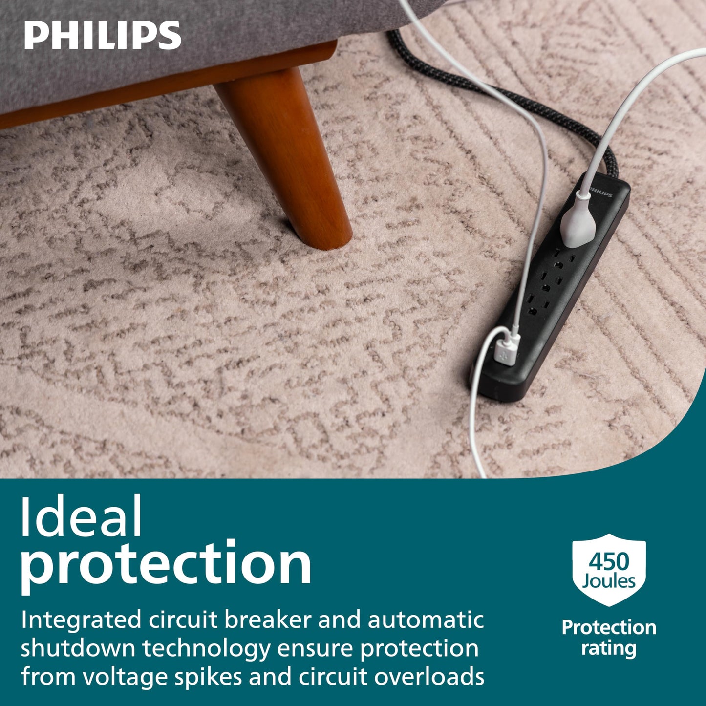 Philips Power Strip Surge Protector With Braided Cord