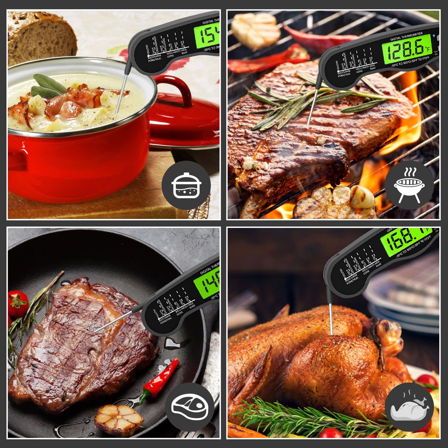 Digital Meat Thermometer Instant Read Waterproof Backlit Red