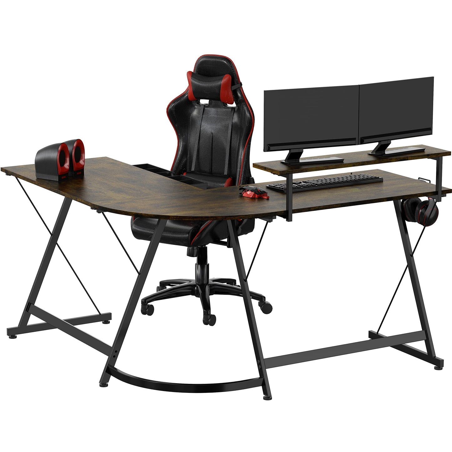 L Shaped Black Desk with Monitor Stand and Drawer