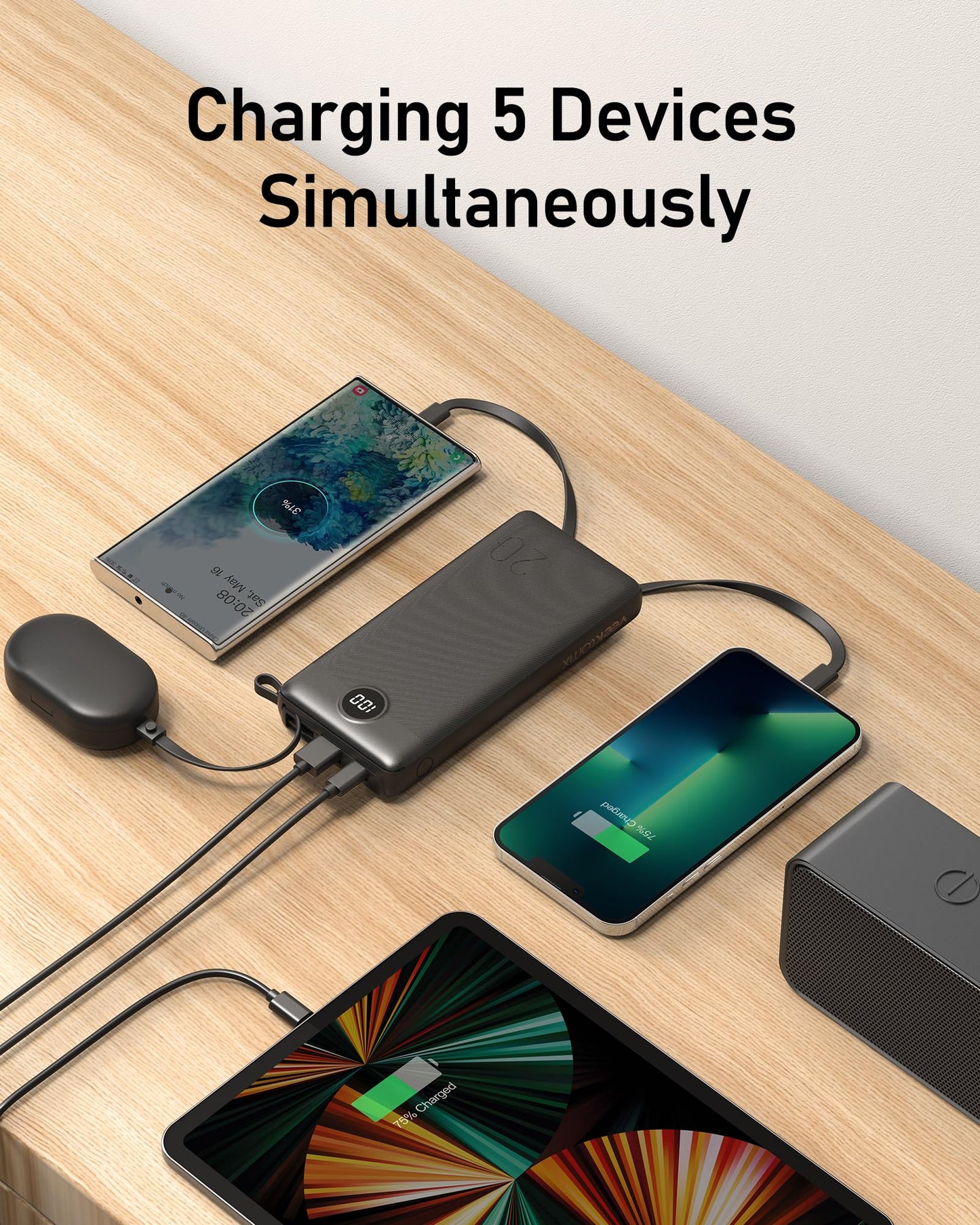 VEEKTOMX Portable Charger 10000mAh BuiltIn Cables Fast Charge