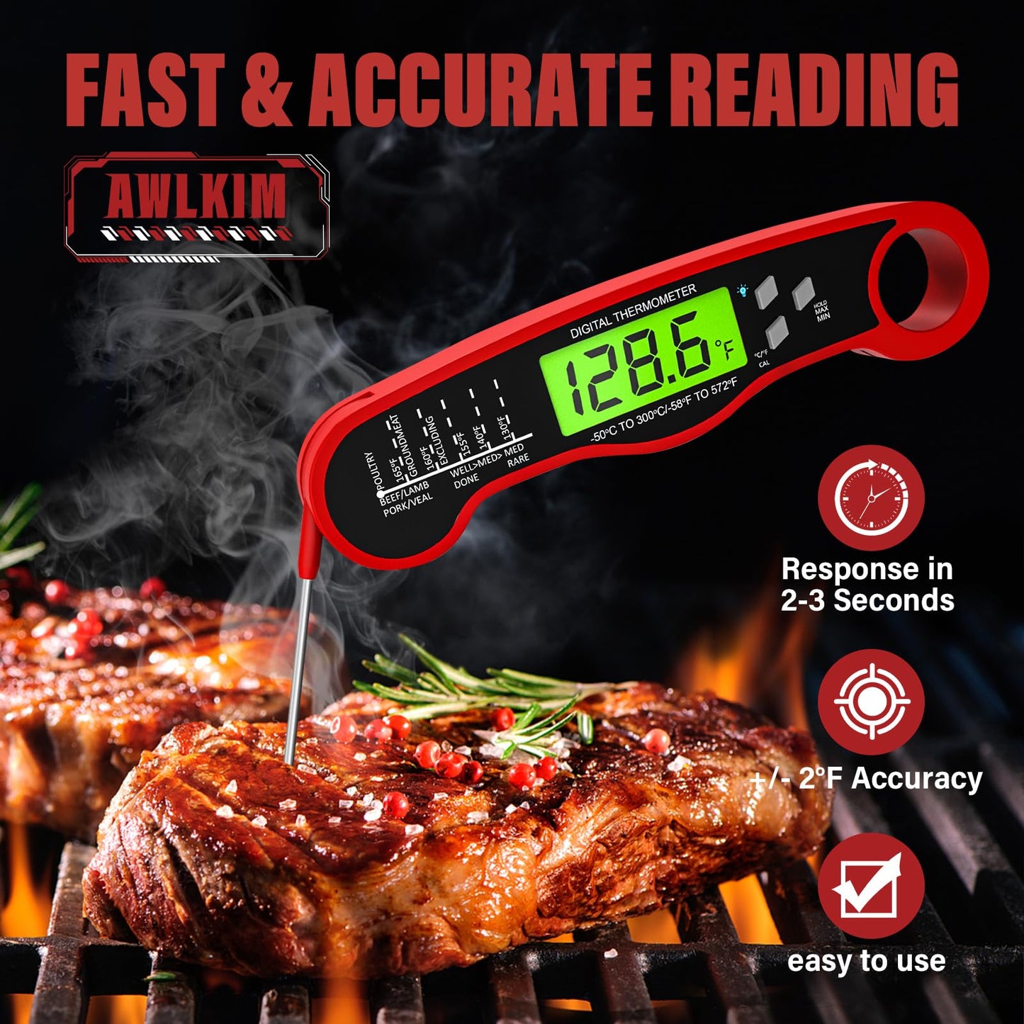 Digital Meat Thermometer Instant Read Waterproof Backlit Red
