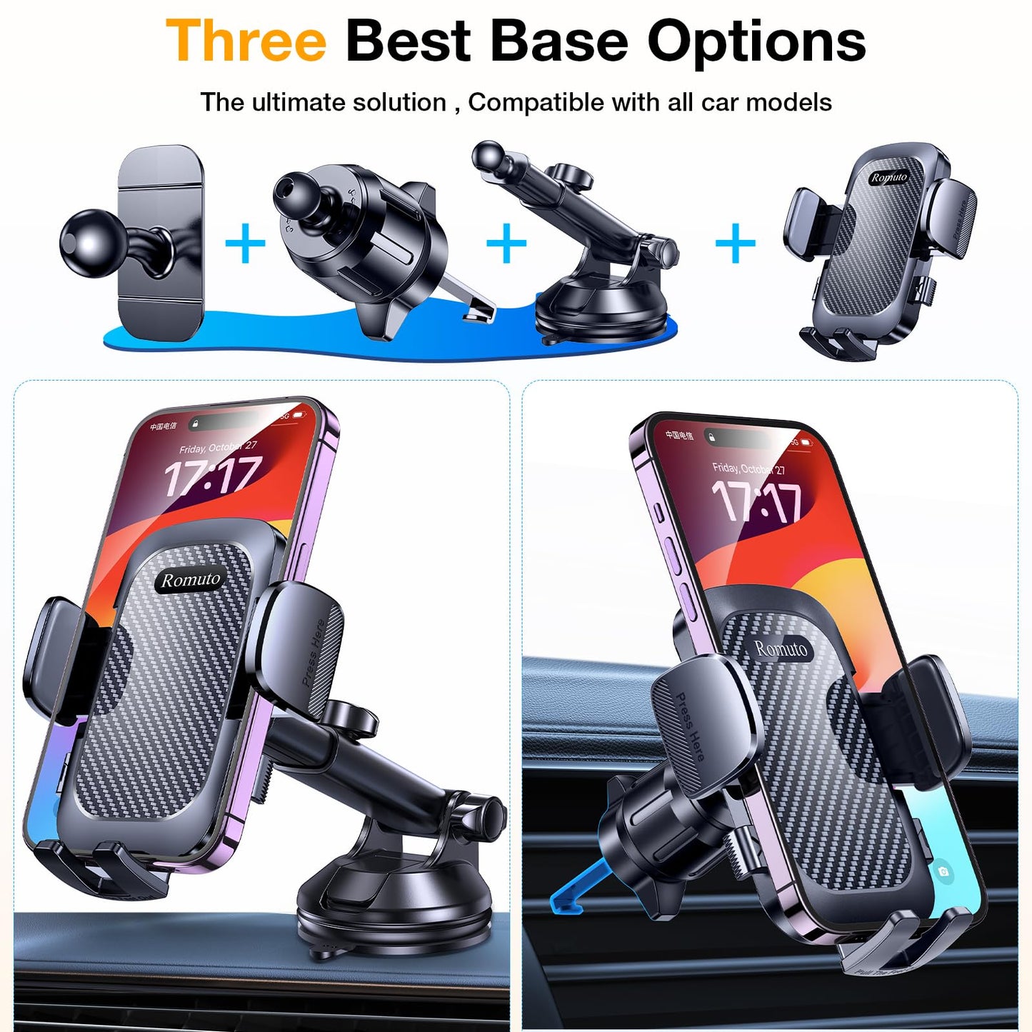 Romuto Car Phone Holder Mount Dashboard Windshield Vent