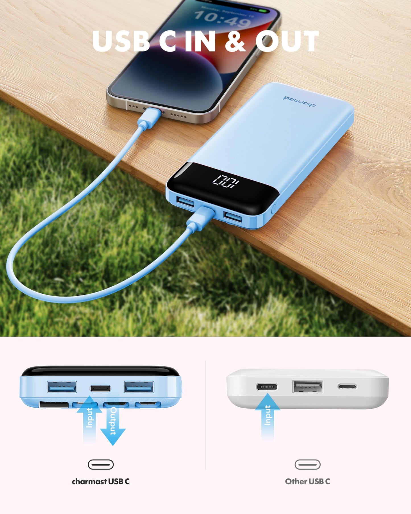 Charmast Slim 10000mAh Power Bank With Built In Cables