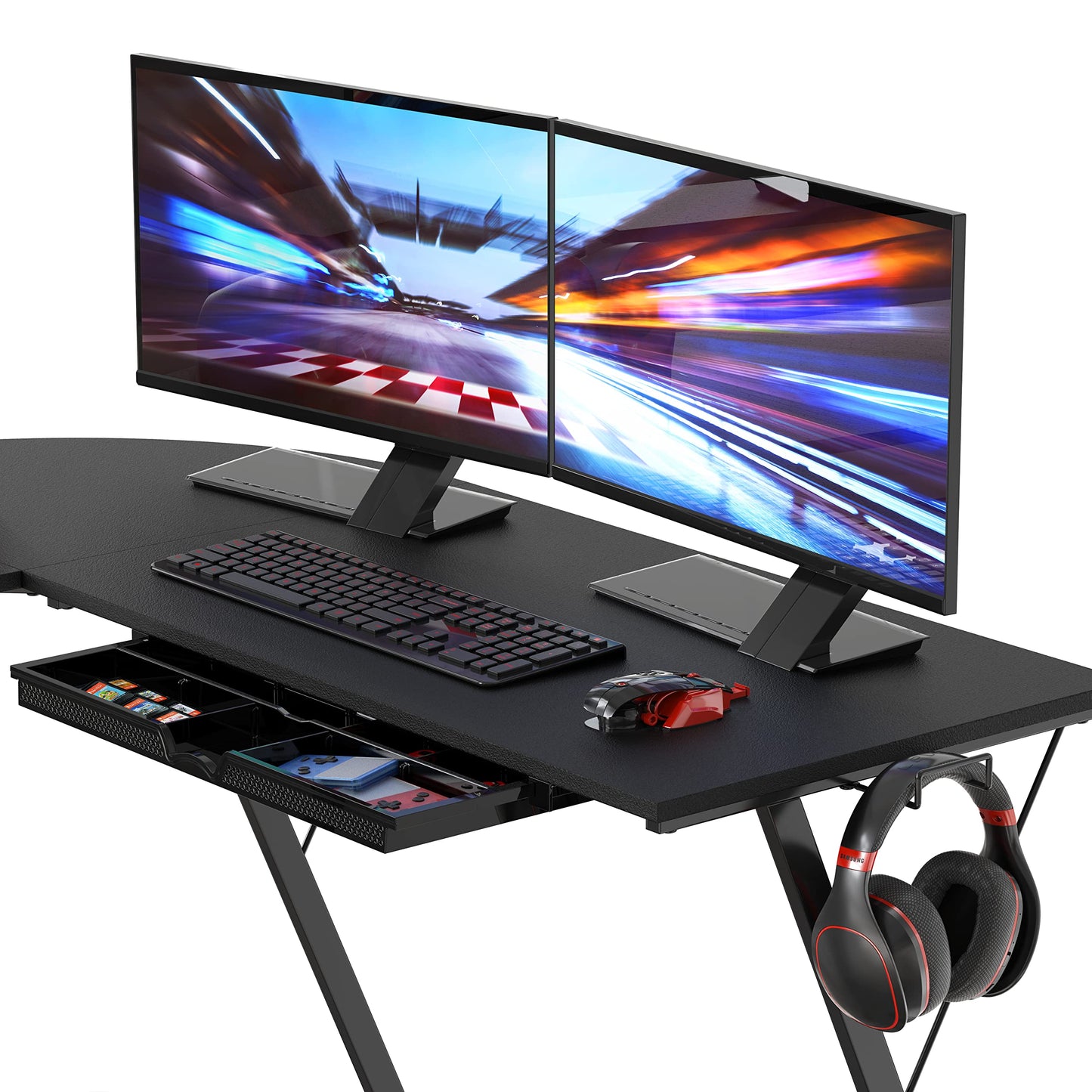 L Shaped Black Desk with Monitor Stand and Drawer