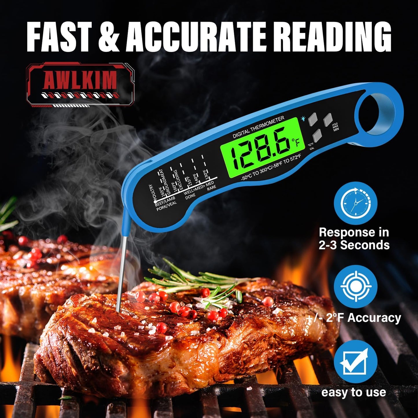 Digital Meat Thermometer Instant Read Waterproof Backlit Red