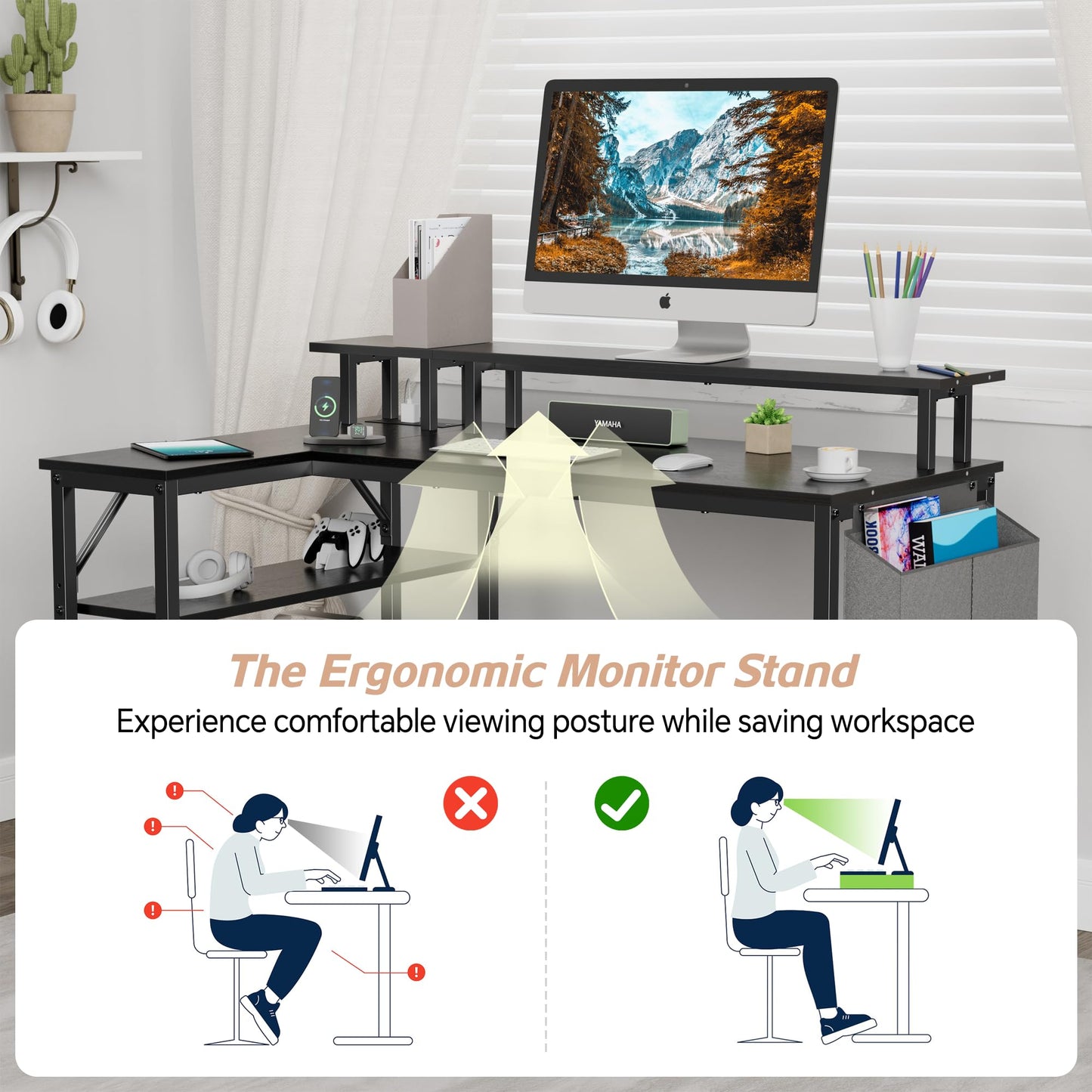 L Shaped Desk with Power Outlets and LED Lights