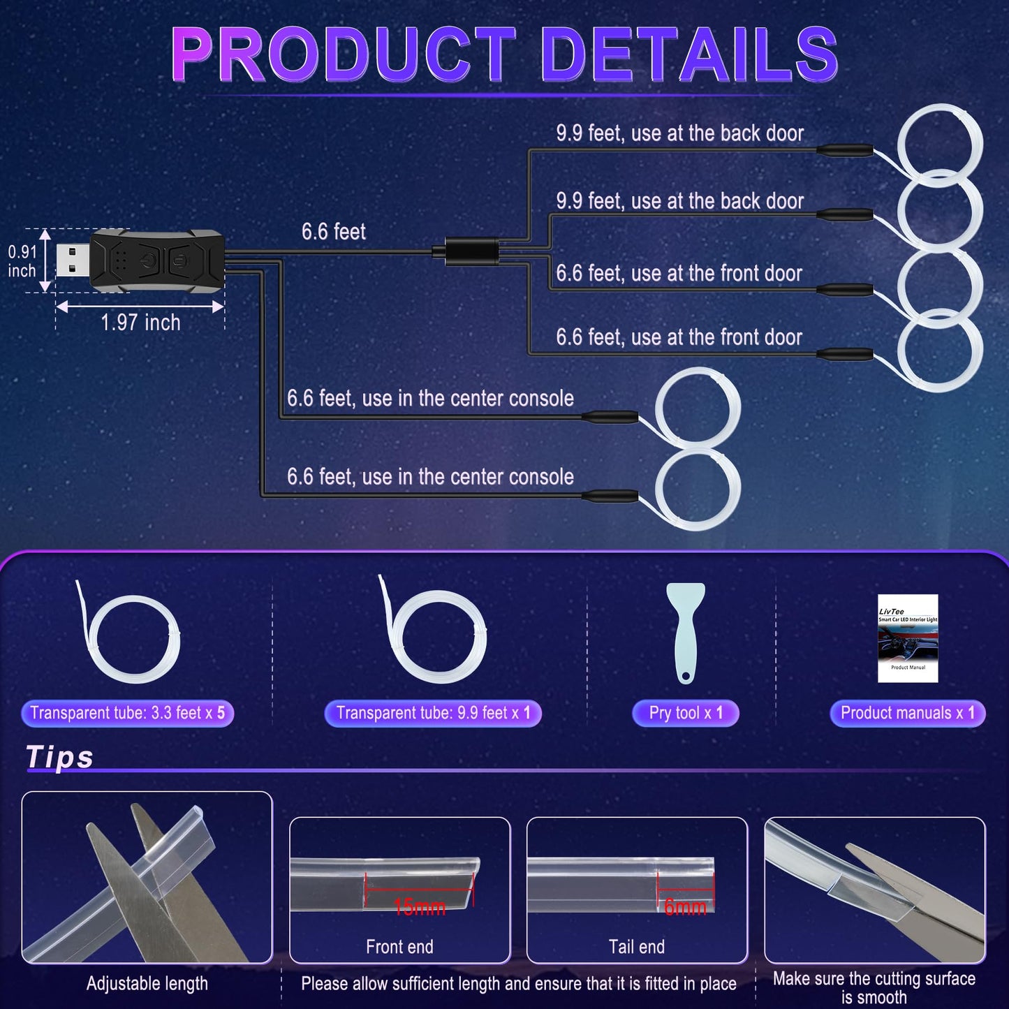 LivTee Smart Car LED Interior Lights USB Port App Control