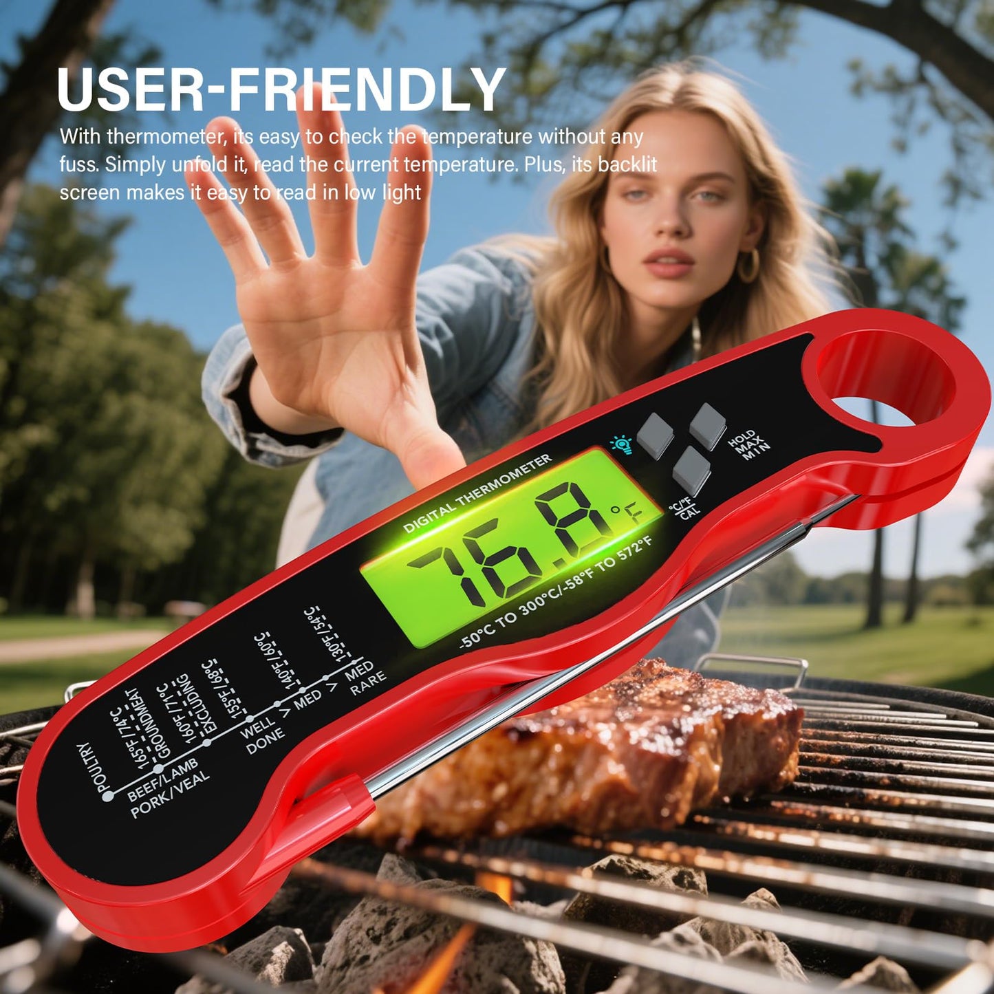 Digital Meat Thermometer Instant Read Waterproof Backlit Red