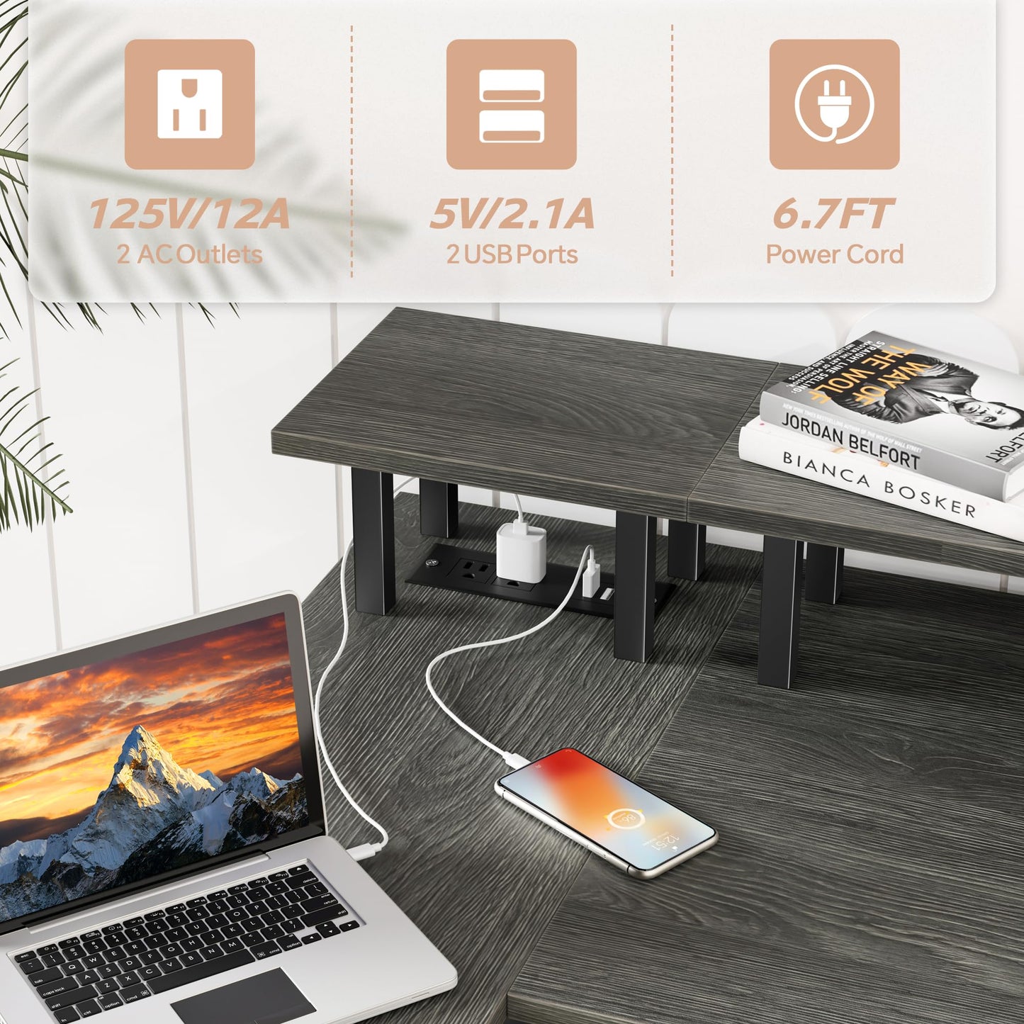 L Shaped Desk with Power Outlets and LED Lights