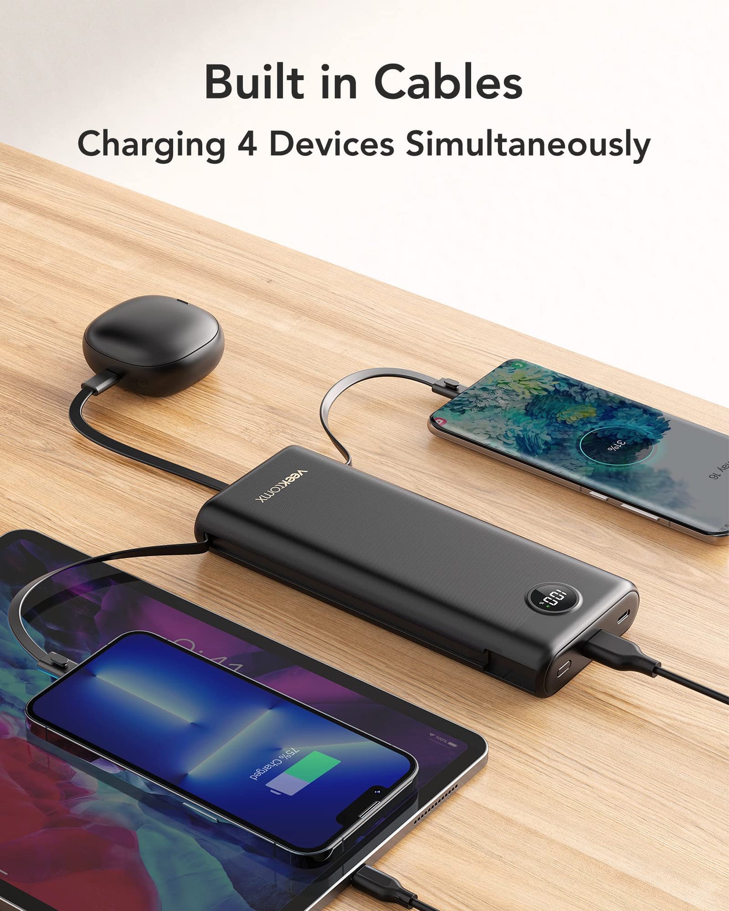 VEEKTOMX Portable Charger 10000mAh BuiltIn Cables Fast Charge